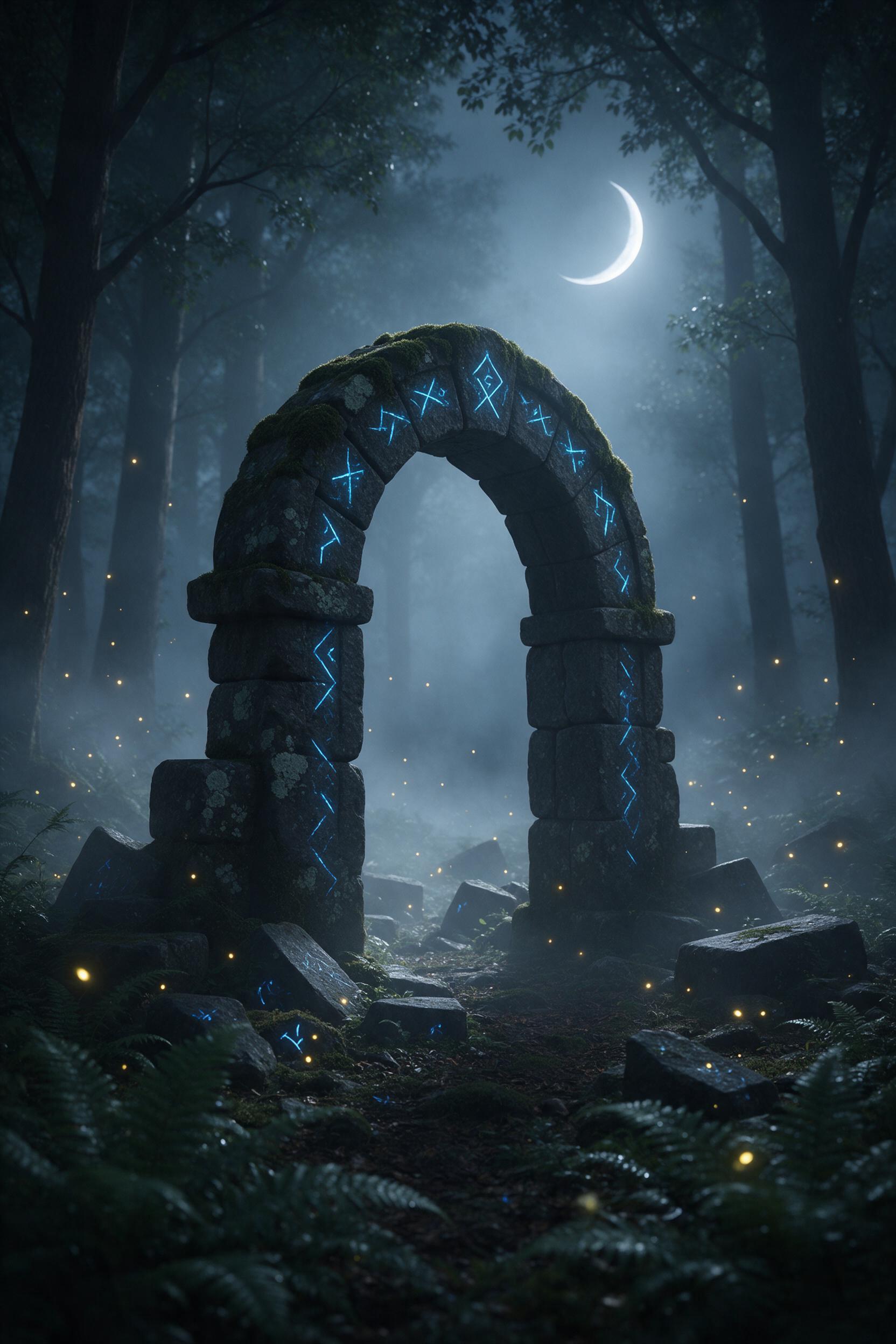 An ancient, moss-covered stone archway stands in a misty forest clearing, glowing blue runes flickering on its surface. Fireflies drift like tiny lanterns, and a silver crescent moon hangs low through the branches. Soft volumetric light filters through fog, casting ethereal shadows on ferns.