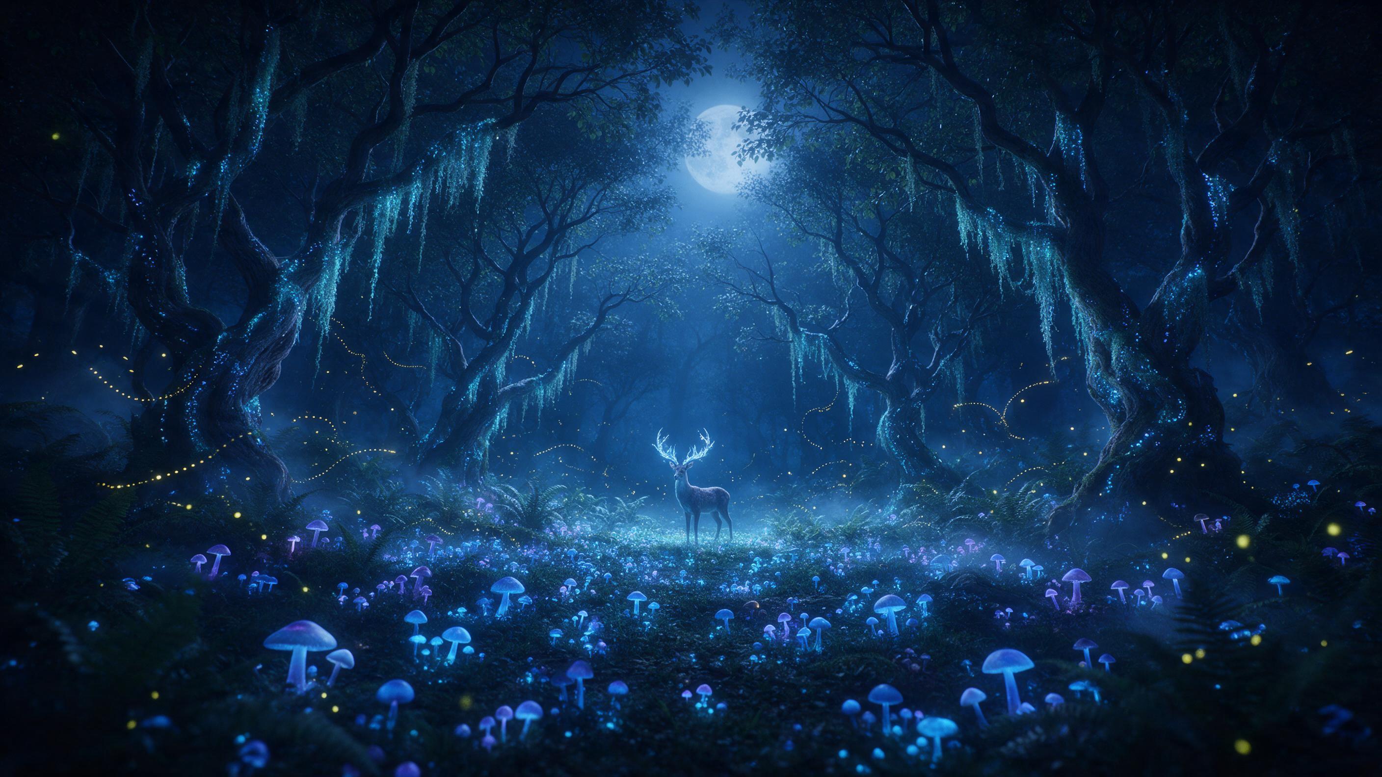 A moonlit bioluminescent forest clearing, glowing blue and purple mushrooms, twisted elder trees draped in luminous moss, a faint mist weaves between ferns, fireflies trace golden paths, soft diffused moonlight through canopy, a lone deer with crystal antlers stands still, ethereal atmosphere, fine 