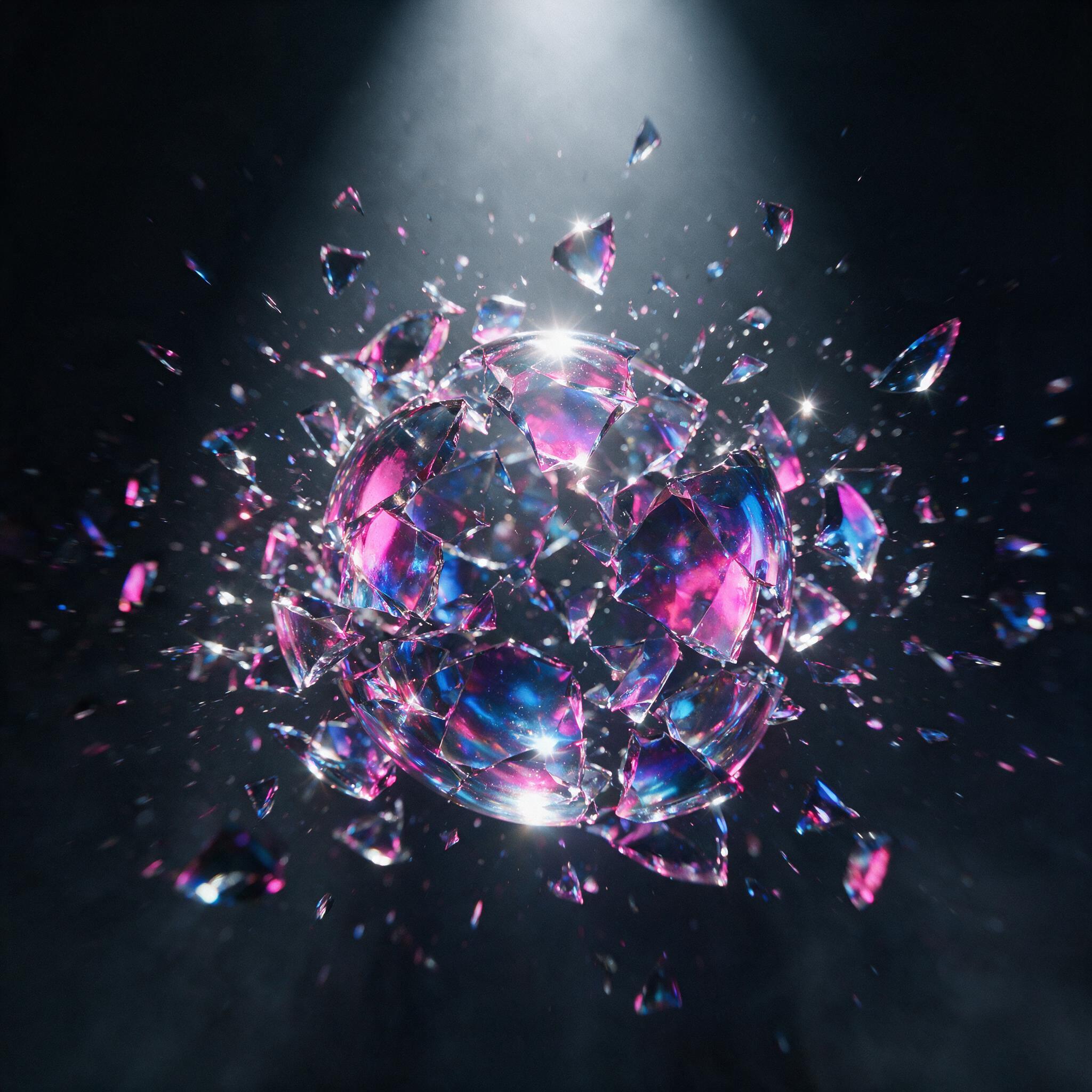 Close-up of a shattered glass sphere, fragments suspended in mid-air, reflecting a kaleidoscope of neon pink and electric blue hues. Dark, moody studio lighting with a single harsh spotlight from above. Minimalist composition, sharp focus on the central shards, slight motion blur on the periphery. S