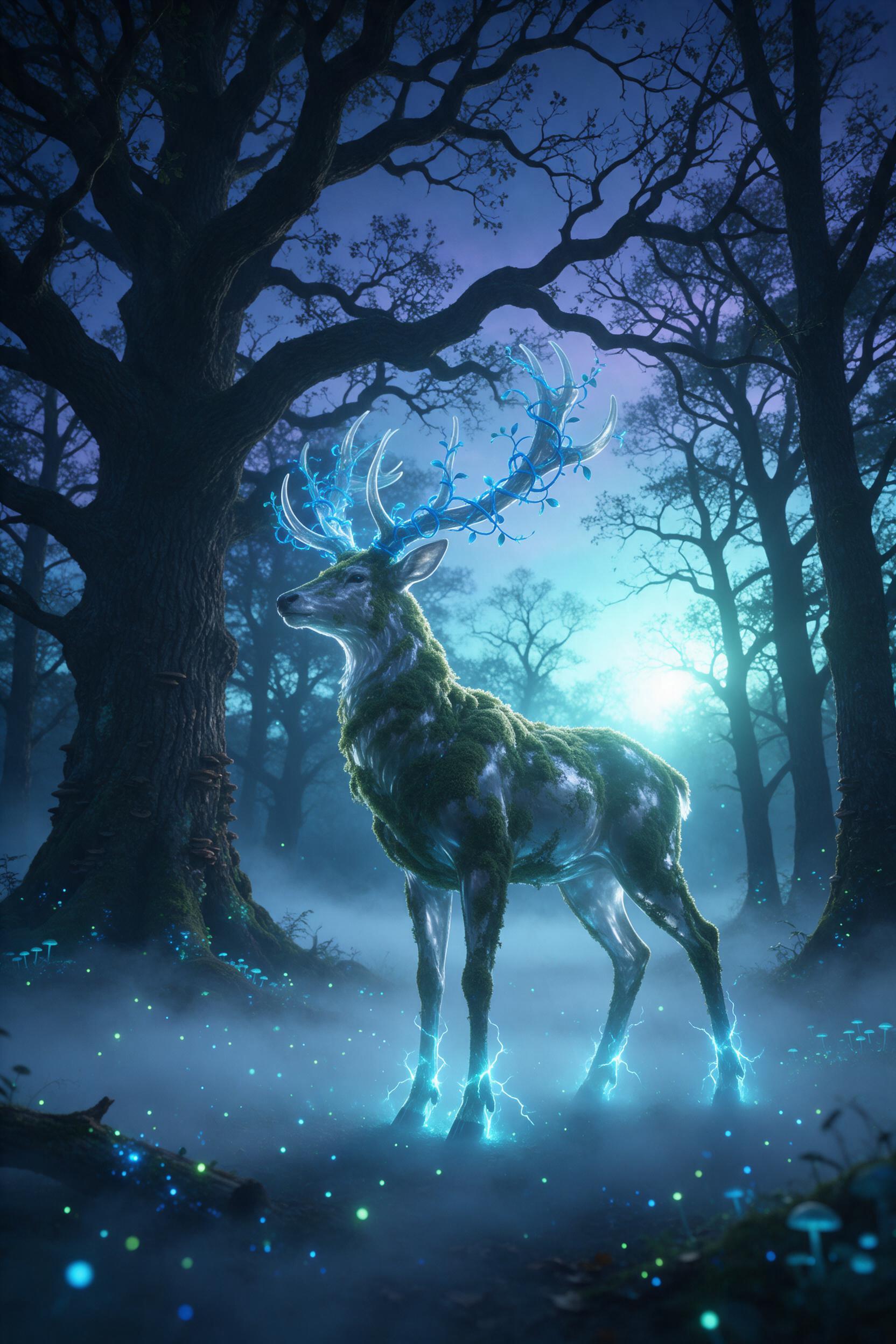 A misty forest clearing at twilight, where a translucent giant stag's antlers are entangled with glowing blue vines wrapping around ancient oaks. Its fur is made of soft green moss, crackling sparks trail from its hooves over thick fog and scattered foxfire. Soft cyan backlight filters through branc