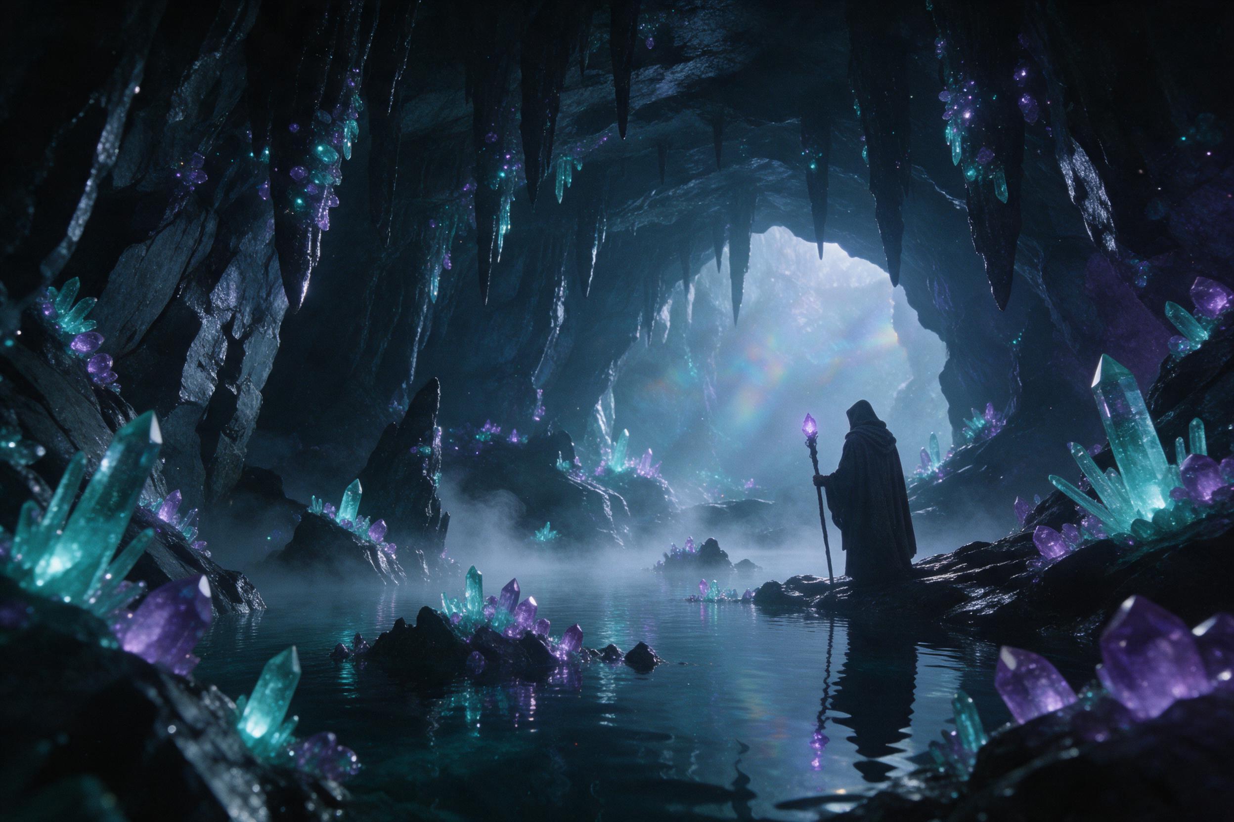 A bioluminescent crystal cavern deep underground, glowing teal and violet crystals cluster on wet stalactites, a small pool reflects the ethereal light, faint mist rising, a lone hooded figure with a glowing staff stands at the pool's edge, soft volumetric lighting, dreamlike atmosphere, slight grai