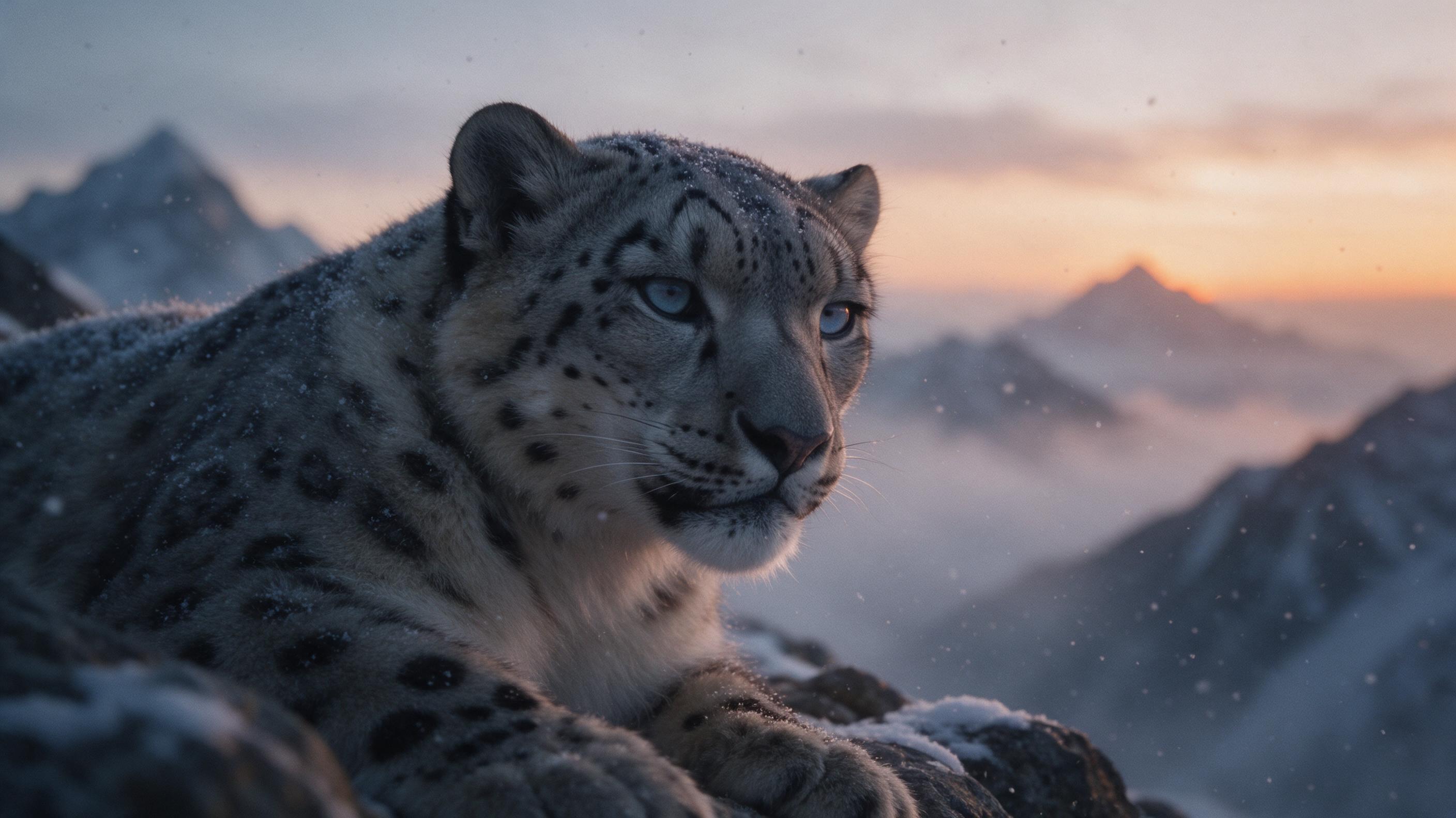 A snow leopard rests on a rocky outcrop at dusk, its pale blue eyes reflecting the last light. Soft fur texture visible amid fine snow dust. The surrounding Himalayan peaks fade into mist, with warm orange glow on the horizon. Shot with a 70mm lens, shallow depth of field, slight grain for realism.