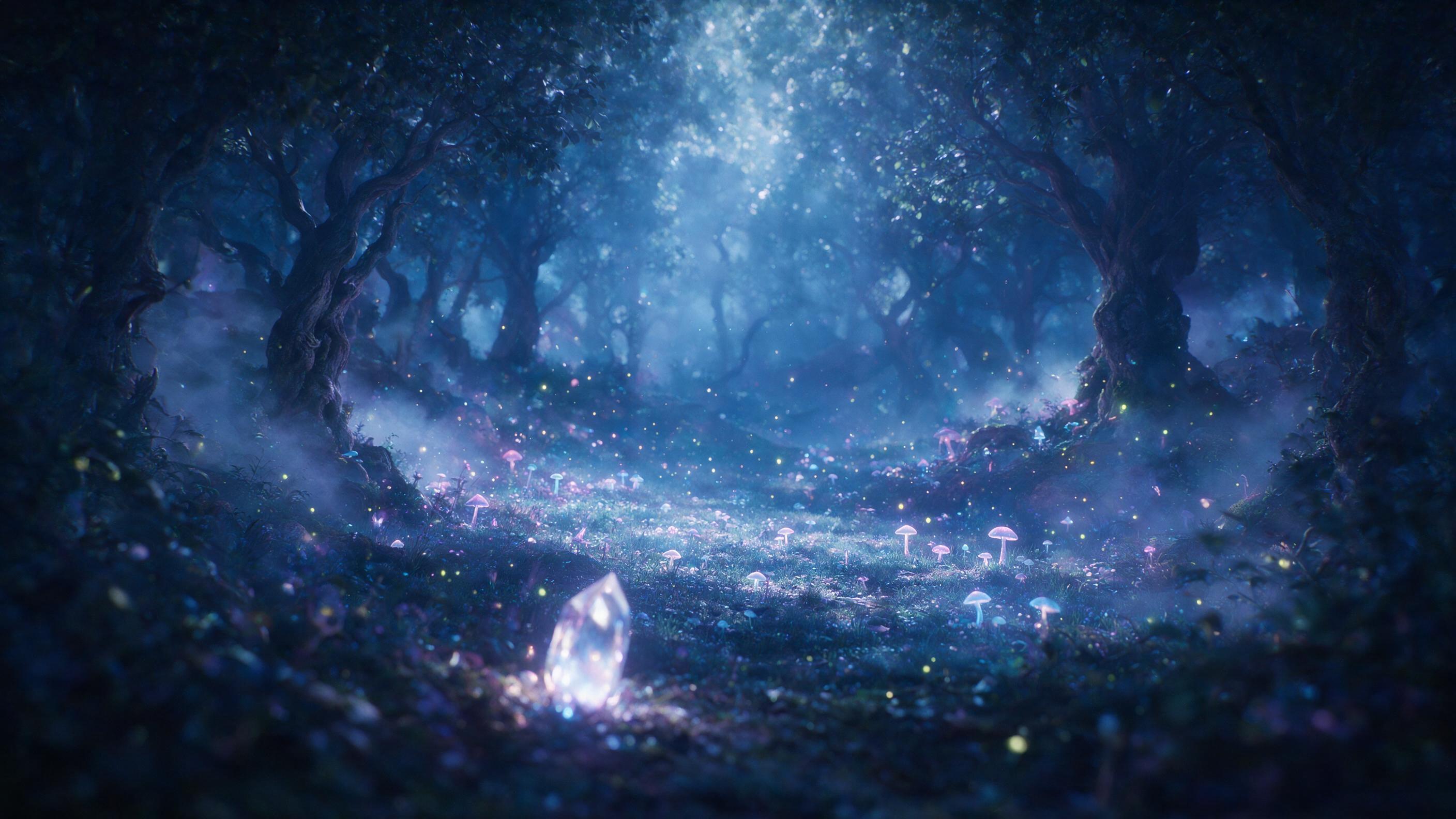 A luminous moonlit forest clearing with glowing bioluminescent mushrooms and floating fireflies, soft mist curling around ancient twisted trees, dappled moonlight filtering through the canopy, ethereal blue and purple color palette, shallow depth of field with a single glowing crystal in the foregro