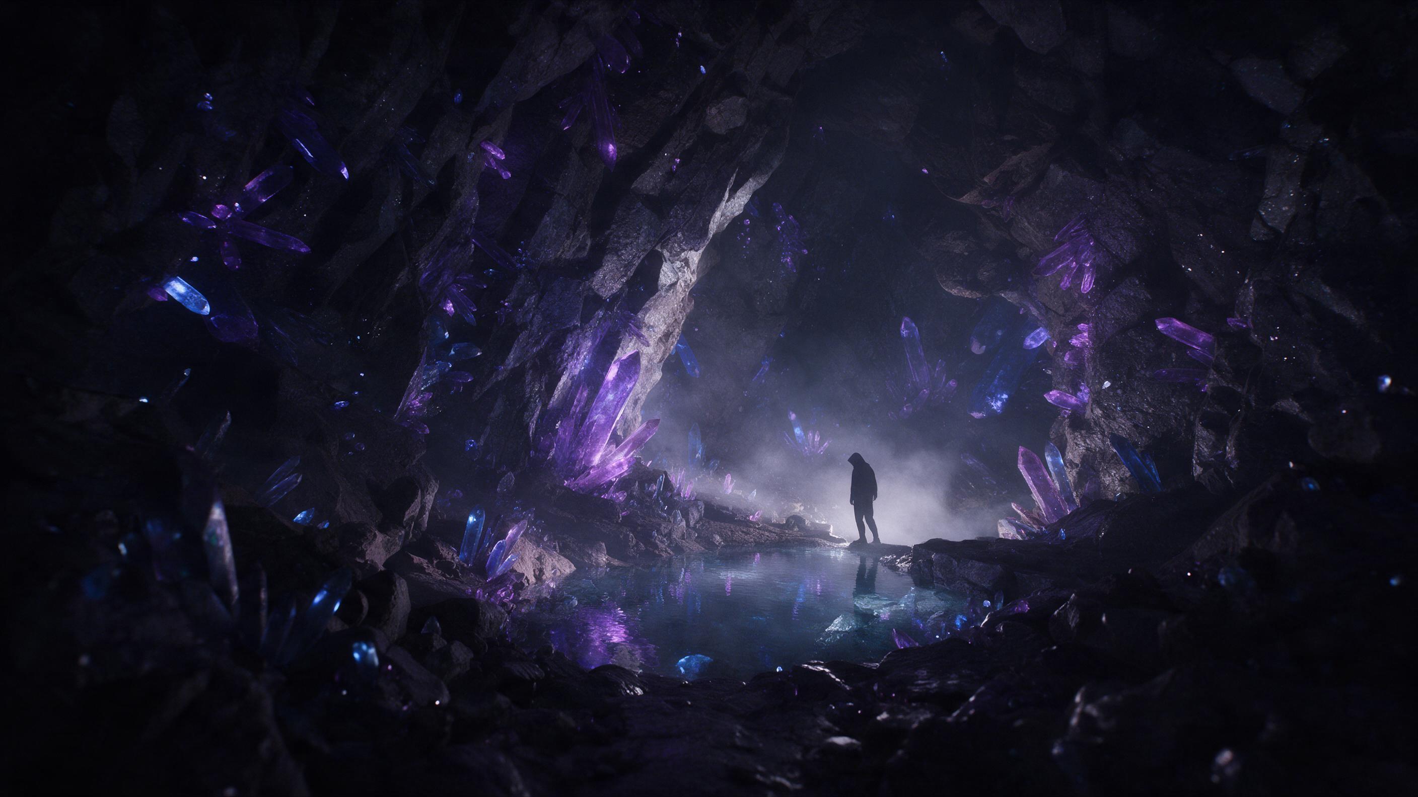 A hidden crystal cavern deep underground, glowing purple and blue crystals jut from rough rock walls, a small clear pool reflects their light, soft mist drifts, ethereal atmosphere, wide-angle composition with a silhouette of a hooded figure standing at the edge, dramatic chiaroscuro lighting, subtl