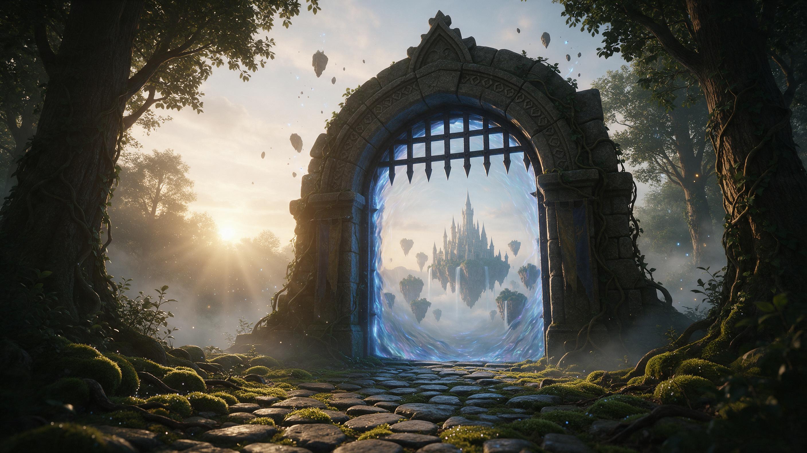 A hidden portal shaped like an ancient stone archway glows with iridescent blue light in a misty forest at dawn. The portal's surface ripples like liquid glass, revealing a floating castle on distant green islands. Sunbeams pierce through fog, illuminating floating dust motes and sparkling moss on t