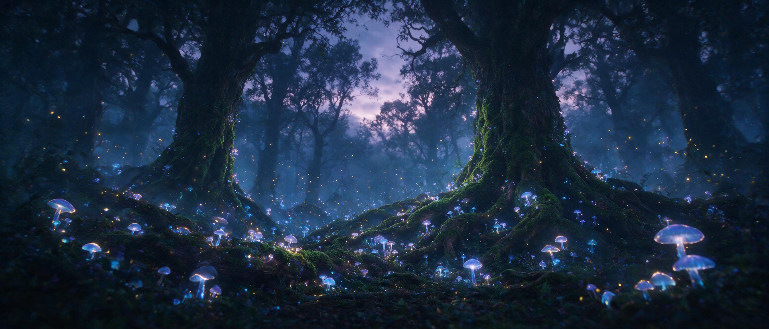 A luminous glowing mushroom forest at twilight, soft bioluminescent blue and purple light, towering ancient trees with twisted roots, fireflies floating in the misty air, shallow depth of field, cinematic composition, gentle fog, ethereal atmosphere, slight camera shake for a dreamlike feel, no hars