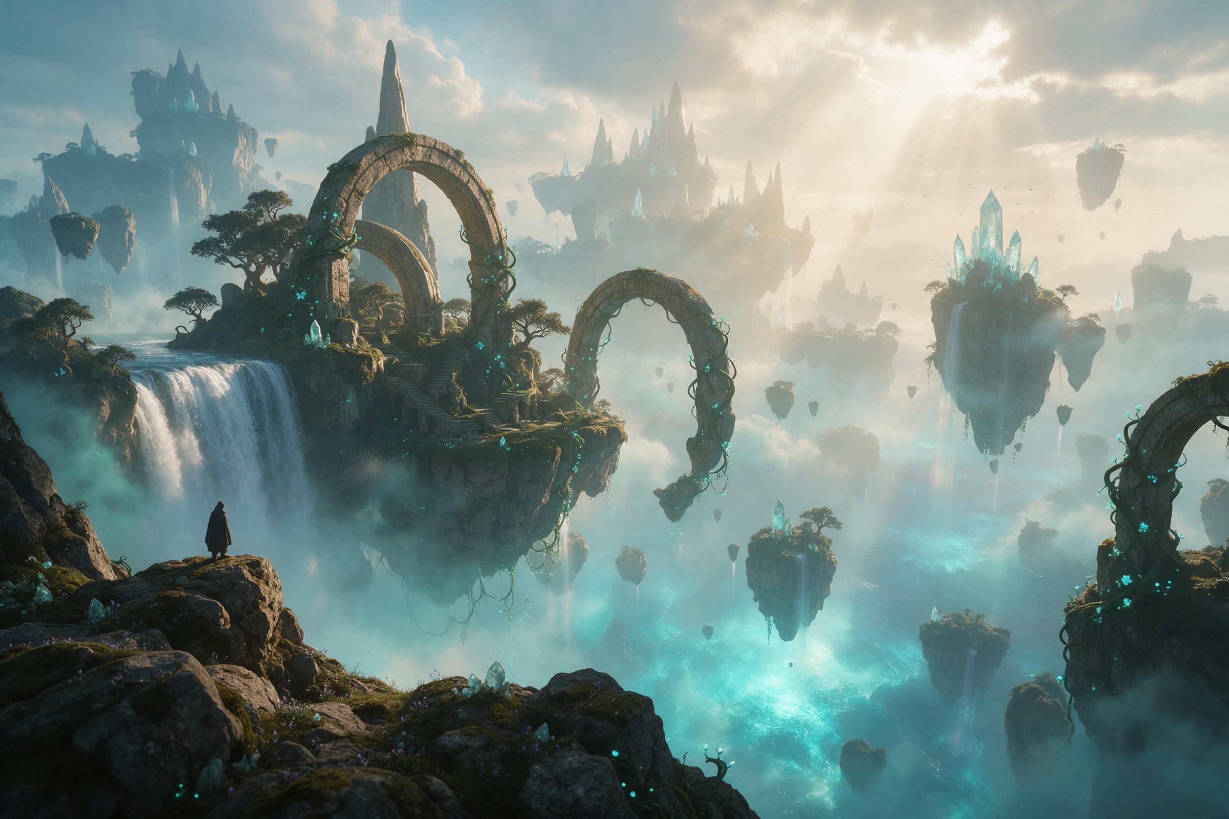 Ethereal floating islands veiled in mist, with cascading waterfalls plummeting into a glowing turquoise abyss. Ancient stone arches entwined with luminescent vines hover in mid-air. Soft golden light filters through clouds, casting a mystical glow on crystalline spires. A lone silhouette stands on a