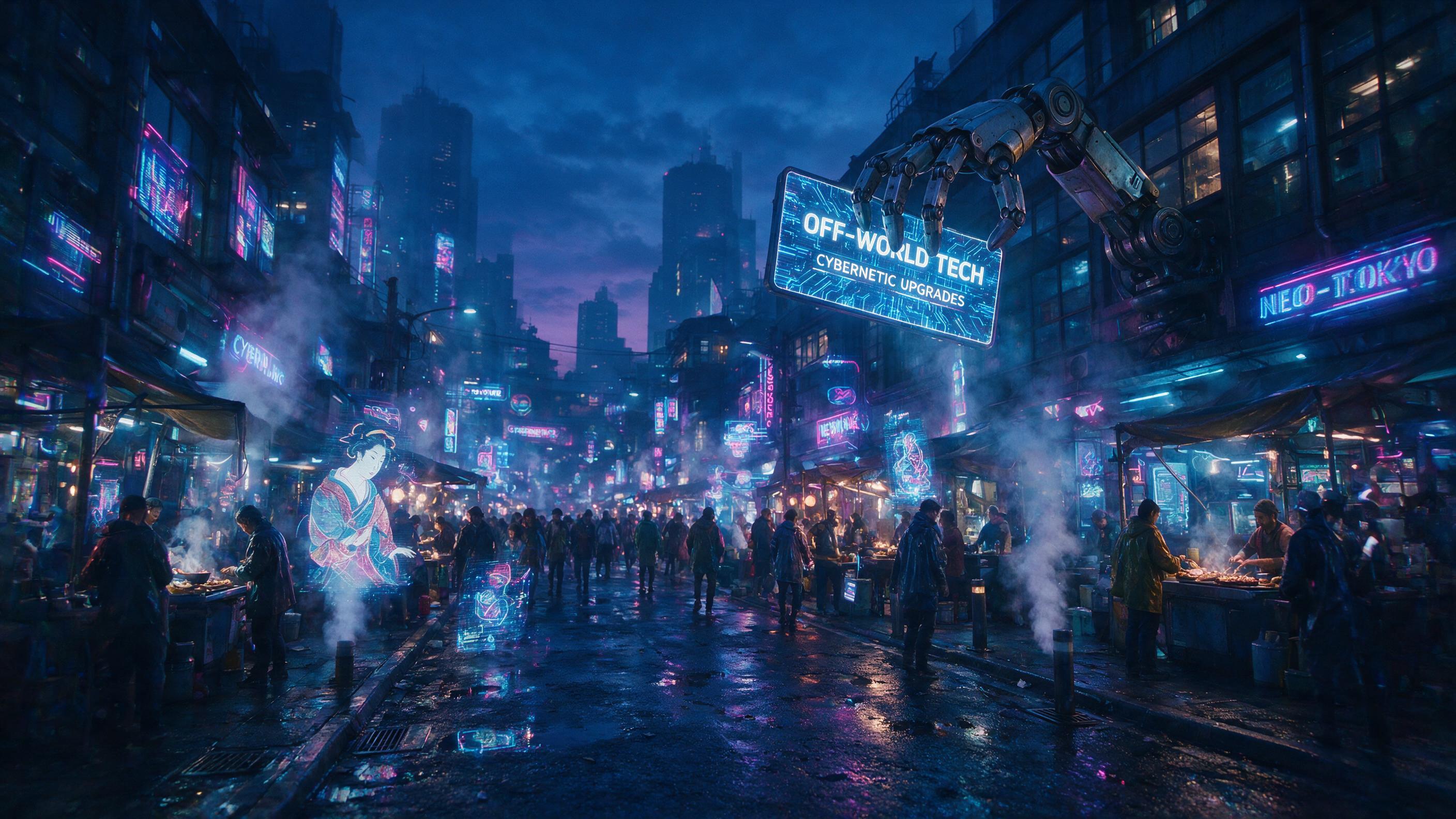 A neon-lit cyberpunk street market at twilight, holographic advertisements flickering on wet pavement, steam rising from street vents, diverse crowd in raincoats, a giant robot arm holding a glowing sign, wide-angle lens, cinematic lighting, blue and magenta tones, slight lens flare