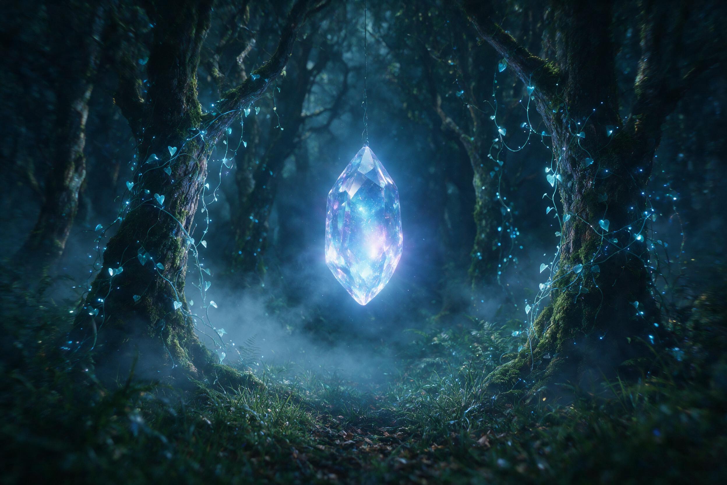 A glowing crystal floating in a dark, misty forest, with bioluminescent vines wrapping around ancient trees, soft blue light filtering through the fog, shallow depth of field, ethereal atmosphere, slight camera motion blur, natural light from the crystals only.