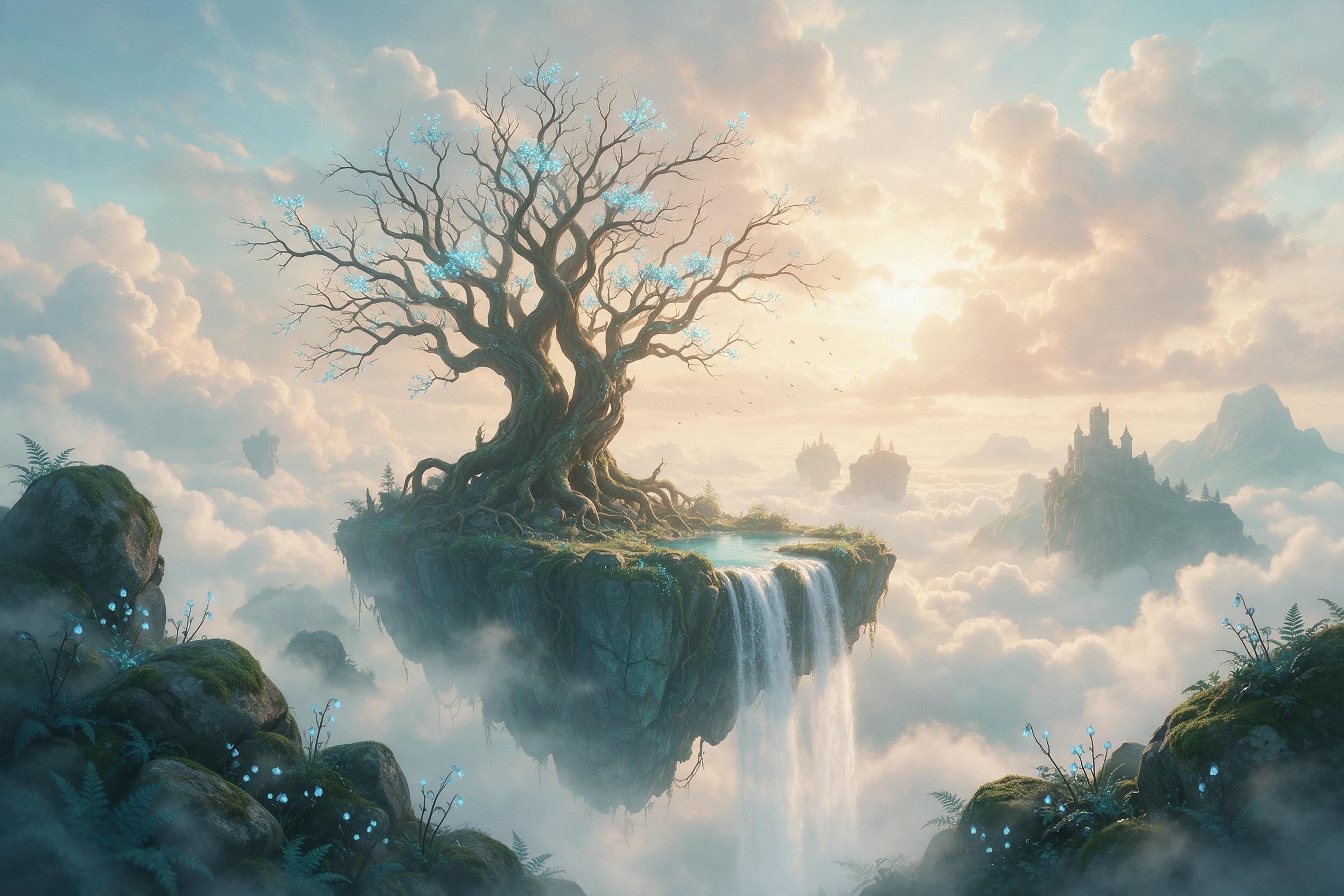 A luminous floating island veiled in mist, ancient twisted tree with glowing blue leaves at center, cascading waterfall pouring into clouds below, soft golden light from hidden sun, airy composition with depth, gentle color palette of teal and amber, dreamlike atmosphere