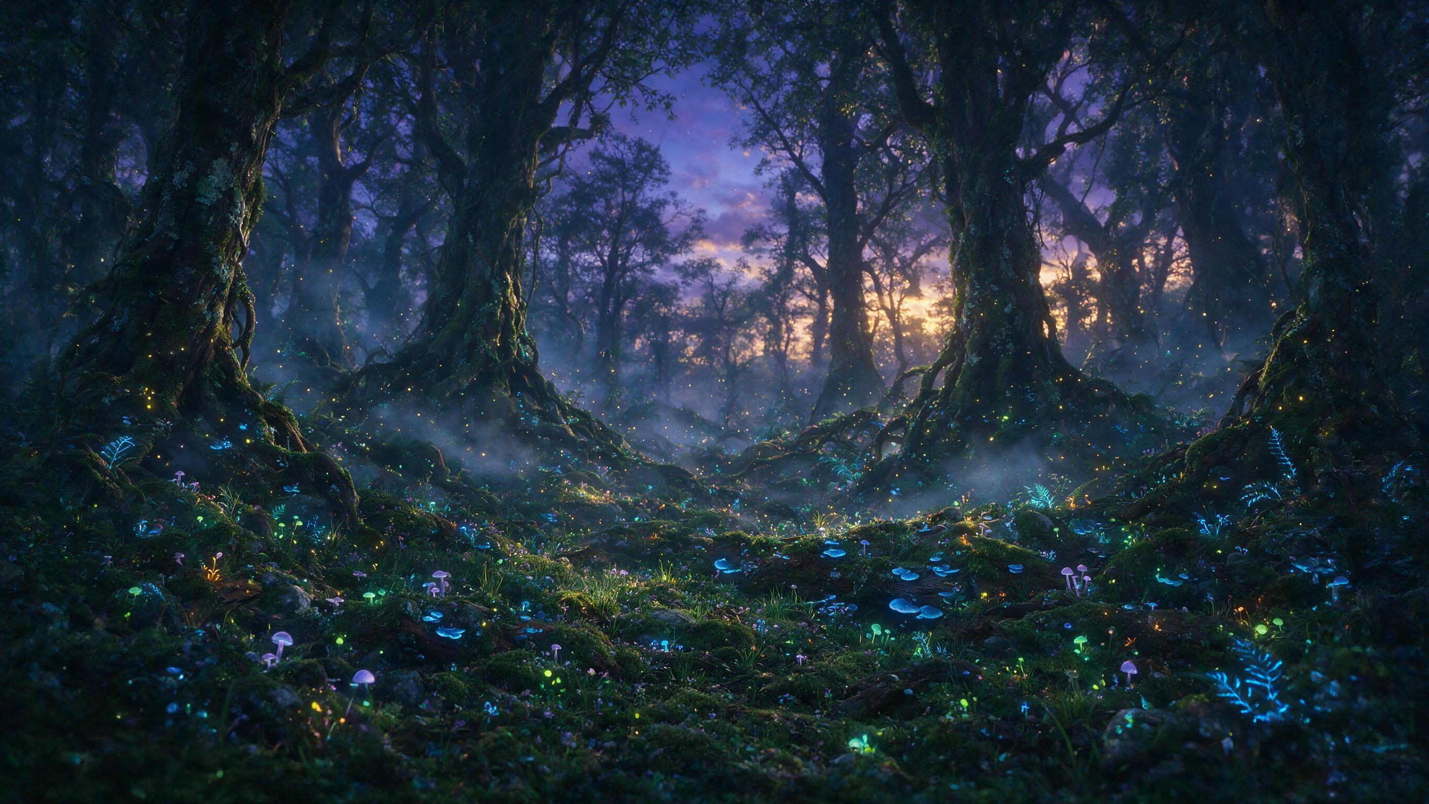 A mystical forest at twilight, glowing mushrooms and bioluminescent plants scattered on the mossy ground, ancient trees with twisted roots, soft mist weaving between trunks, fireflies dancing in the air, warm golden light from hidden sources, gentle shadows, dreamy atmosphere, slight soft focus, nat