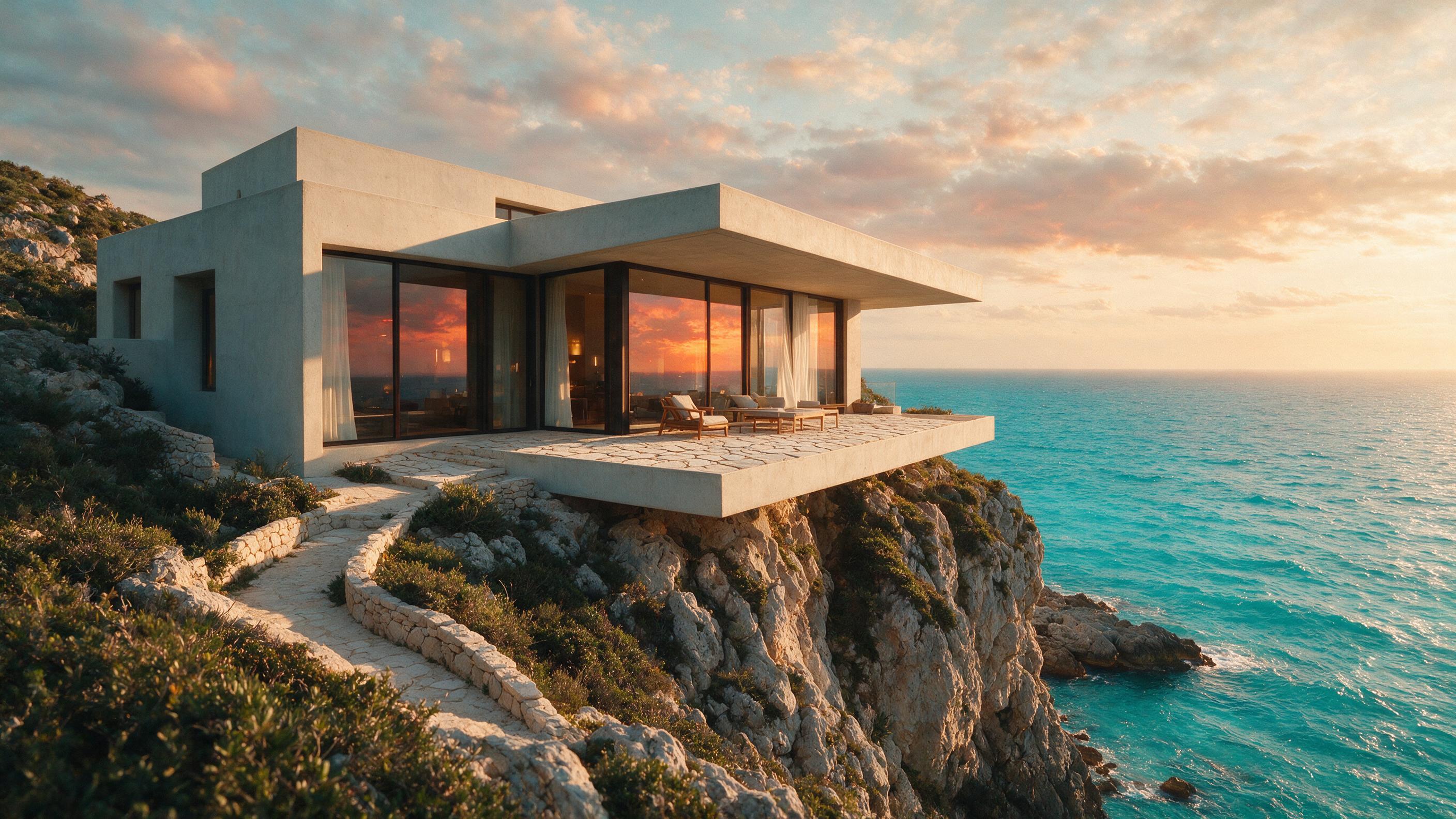 A minimalist modernist concrete villa on a cliff edge overlooking the Mediterranean Sea at golden hour, warm sunlight casting long shadows, clean geometric lines, large glass windows reflecting the orange sky, gentle sea breeze, serene atmosphere, natural lighting, slight grain, shot from a low angl