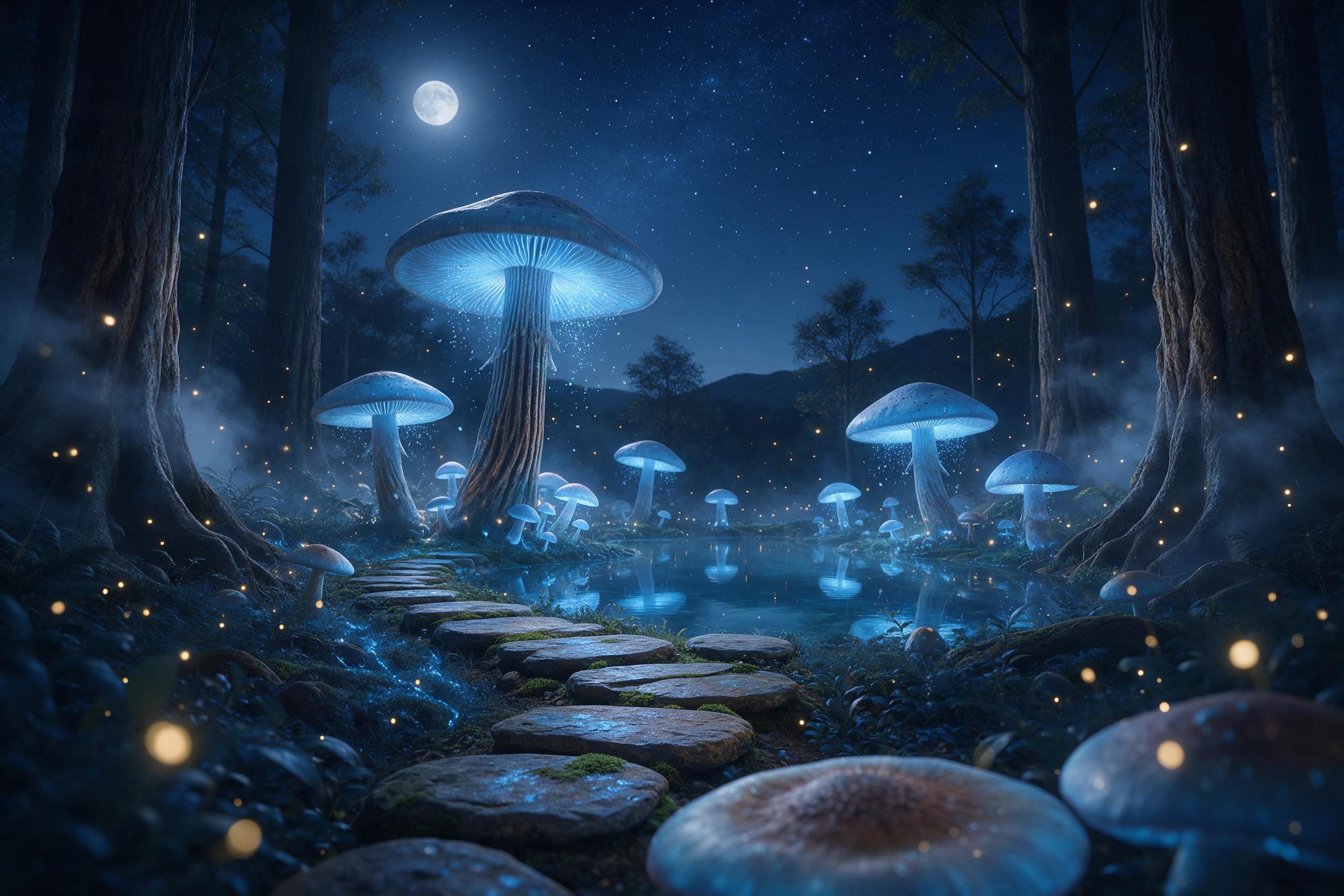 A moonlit forest glade with towering glowing mushrooms, their caps shedding soft blue spores. A winding path of mossy stones leads to a crystal-clear pond reflecting the starry sky. Fireflies drift in the air, casting warm golden specks. Mist curls between ancient tree trunks. Composition centers on