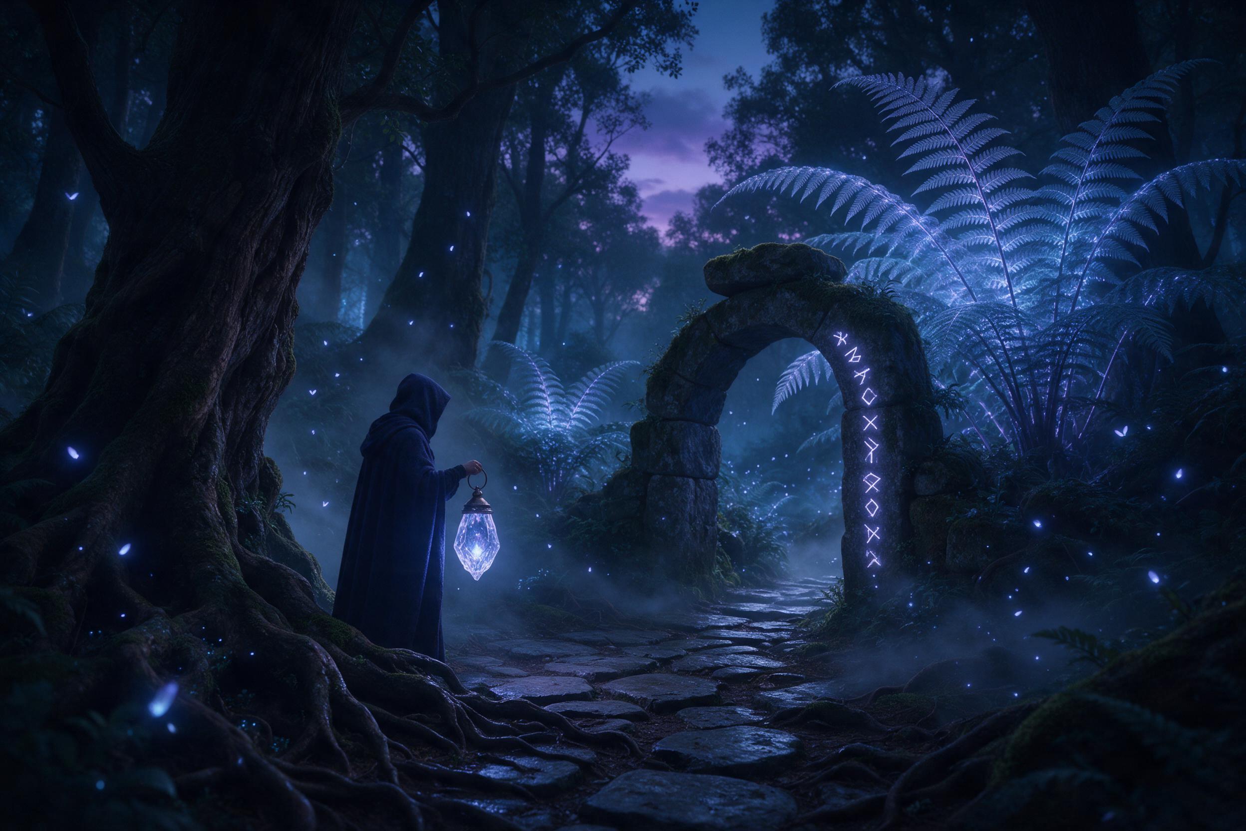 An ancient forest at twilight, fireflies weaving between towering bioluminescent ferns, a moss-covered stone archway glowing with runic symbols, mist curling around gnarled roots, a lone hooded figure holding a lantern made of a hollowed crystal, soft blue and violet light, dappled shadows, cinemati
