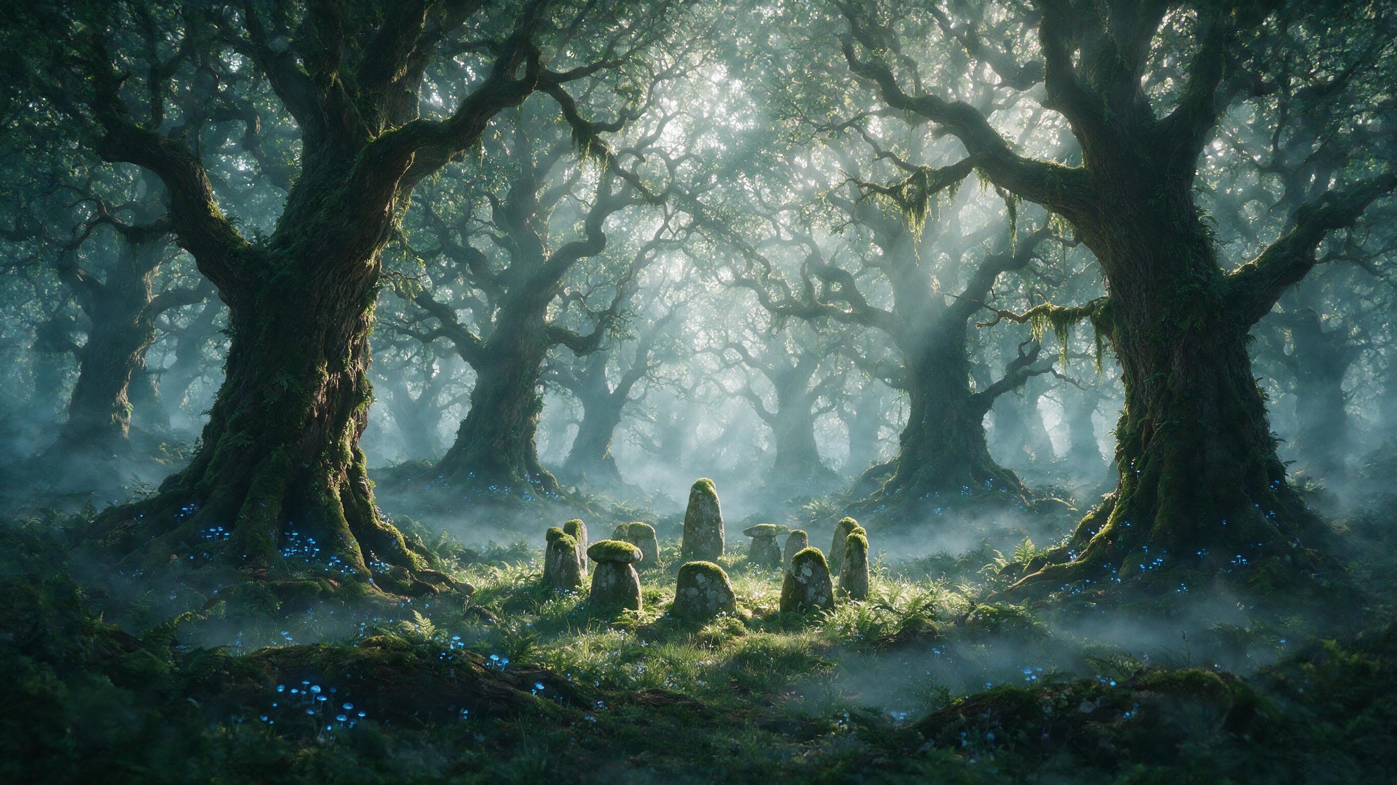 A misty ancient forest at dawn, massive gnarled oak trees with glowing blue mushrooms at their roots, ethereal light rays piercing through canopy, a small stone circle half-buried in moss, soft fog rolling over ferns, muted green and silver palette, gentle watercolor texture, composition with a wind