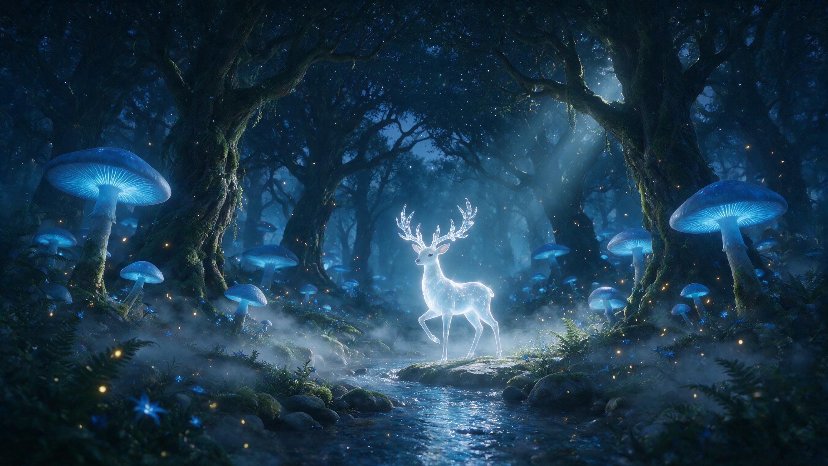 An ancient, bioluminescent forest at twilight. Giant mushrooms with glowing blue caps cast soft light on mossy ground. A slender, translucent deer with antlers of crystal steps silently through swirling mist. Fireflies drift like embers. Shafts of pale moonlight break through the dark canopy. Ethere
