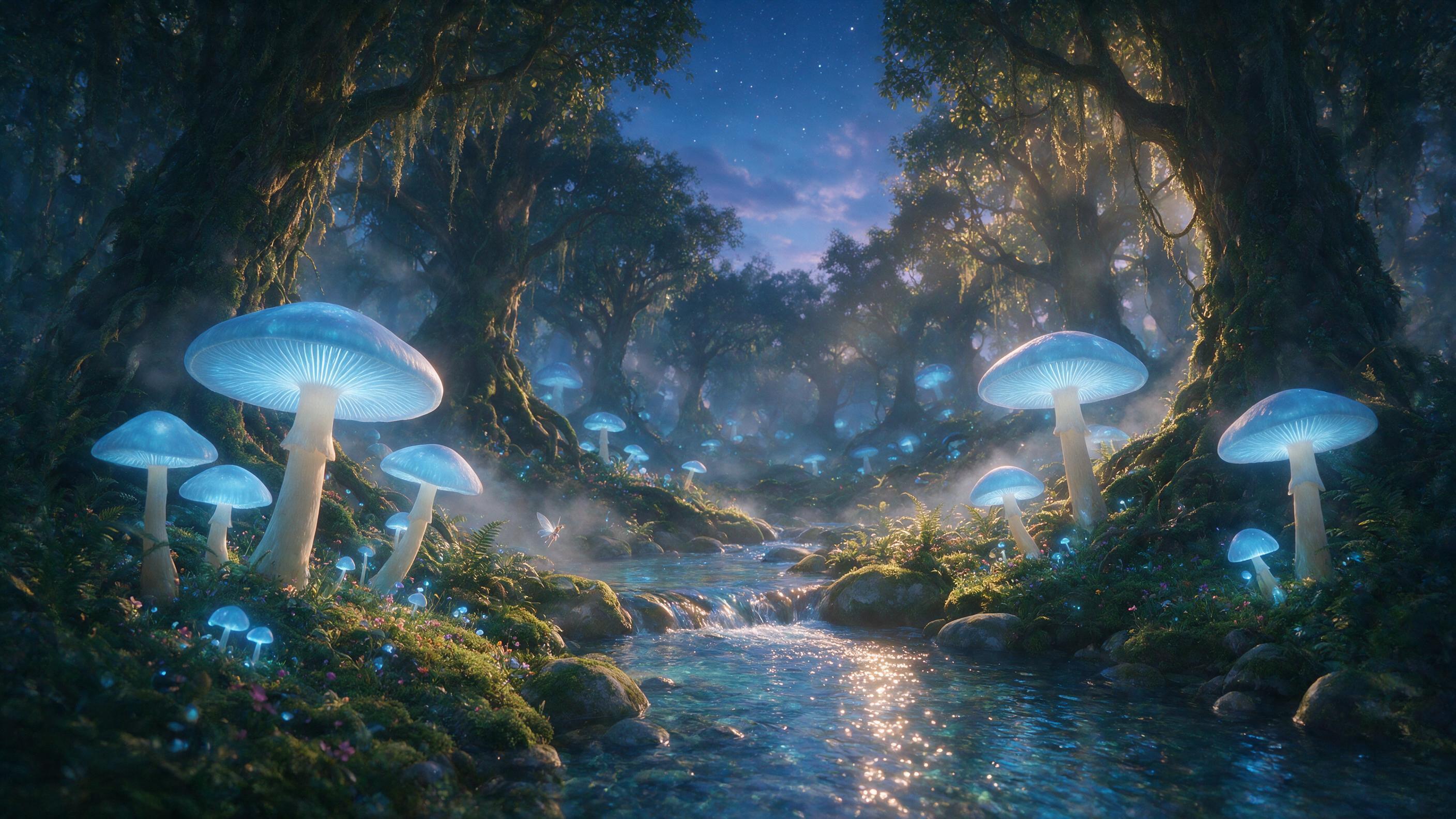 A luminous forest at twilight, giant glowing mushrooms casting soft blue light onto mossy ground, a small fairy with translucent wings hovering near a crystal-clear stream, mist weaving between ancient tree roots, ethereal atmosphere, soft focus, warm amber light filtering through canopy