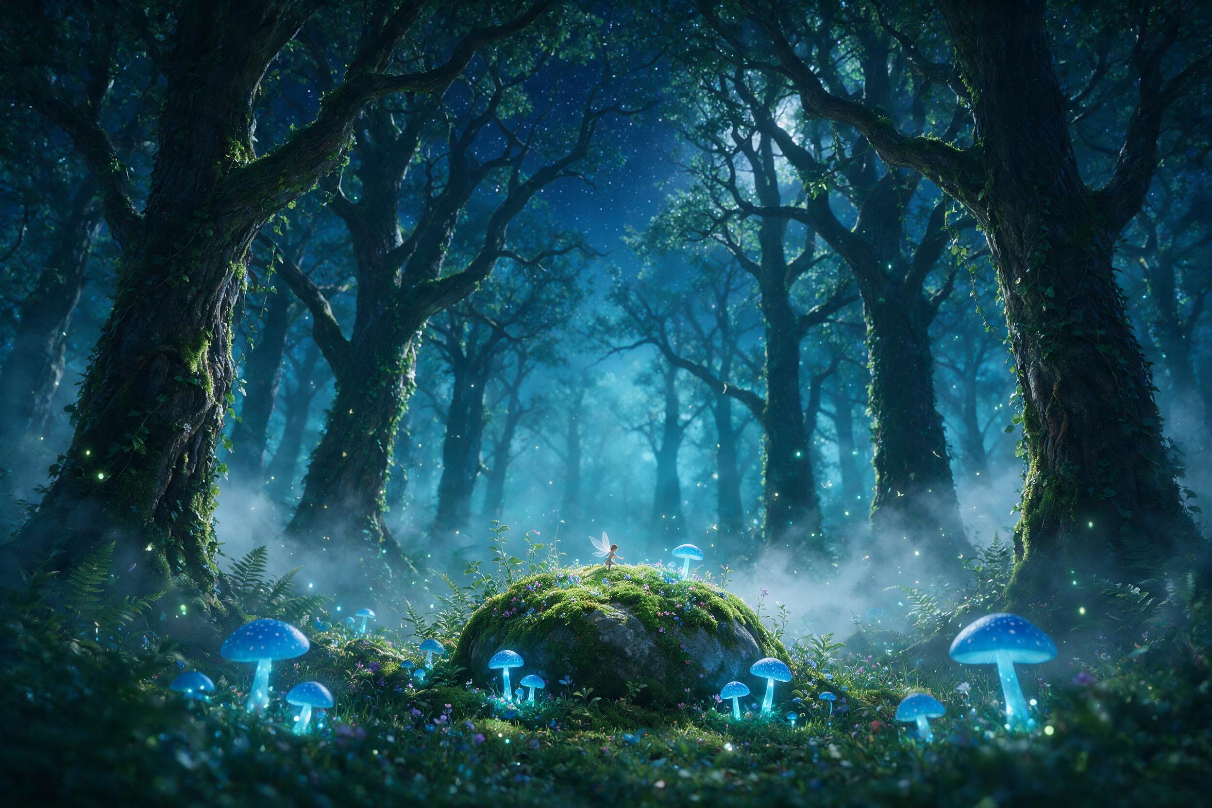 A moonlit enchanted forest with glowing blue mushrooms and fireflies, a tiny fairy with translucent wings perched on a mossy stone, soft mist weaving between ancient trees, ethereal cyan light casting gentle shadows, shallow depth of field, dreamlike atmosphere.