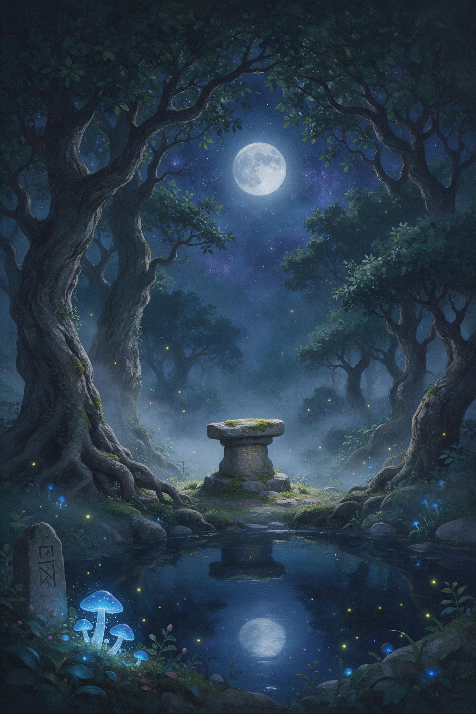 A moonlit enchanted forest clearing, bioluminescent blue mushrooms glow softly, faint mist weaves between ancient gnarled trees, a small stone altar covered in moss, ethereal silver light filtering through canopy, fireflies drifting, still pond reflecting stars, tranquil and mysterious, painterly dr