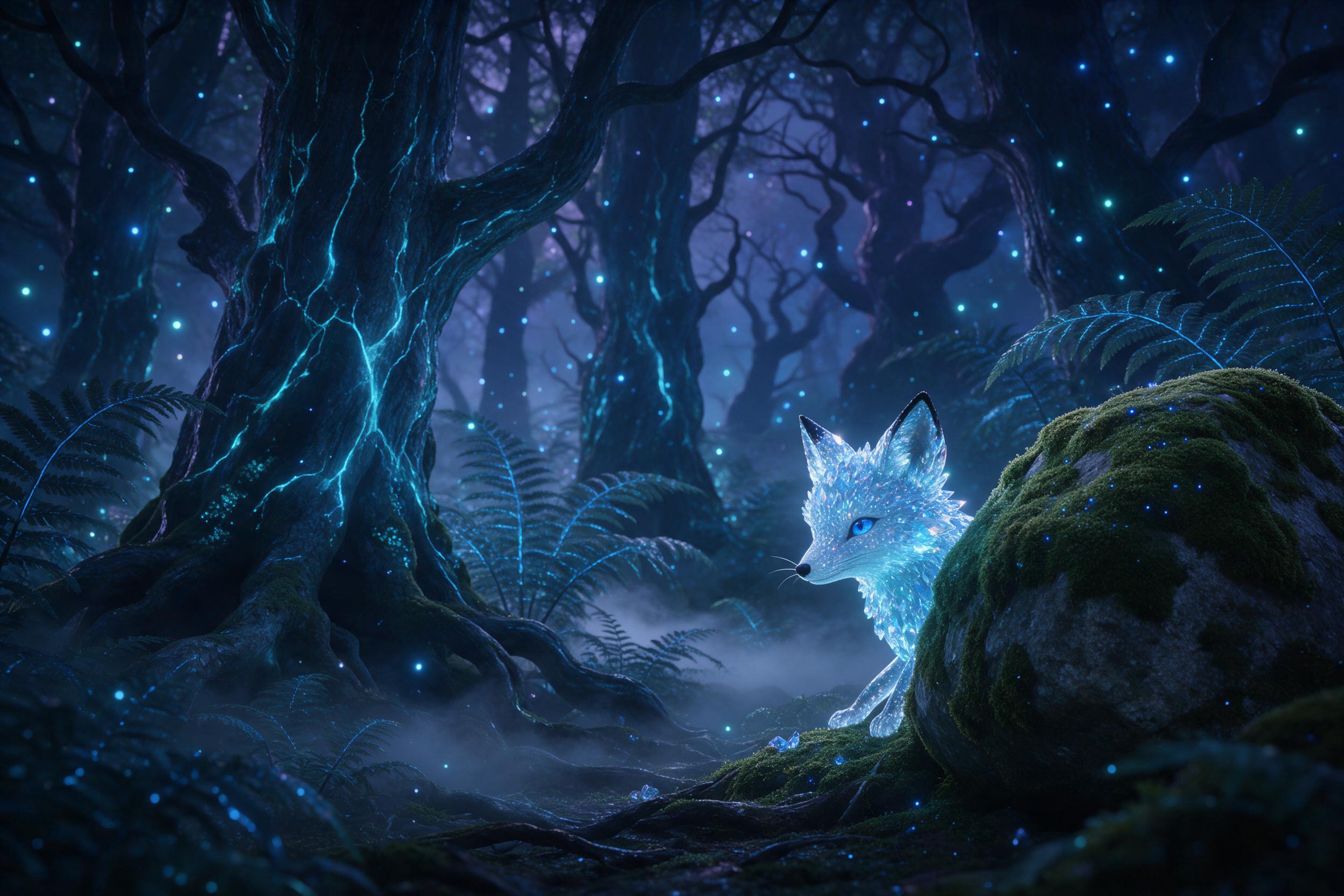An ancient, bioluminescent forest at dusk, towering twisted trees with glowing blue sap veins, a silver mist curling between giant ferns, a tiny glowing fox with crystal-like fur peering from behind a moss-covered stone, soft teal and violet ambient light, gentle fireflies scattered like stars, shal