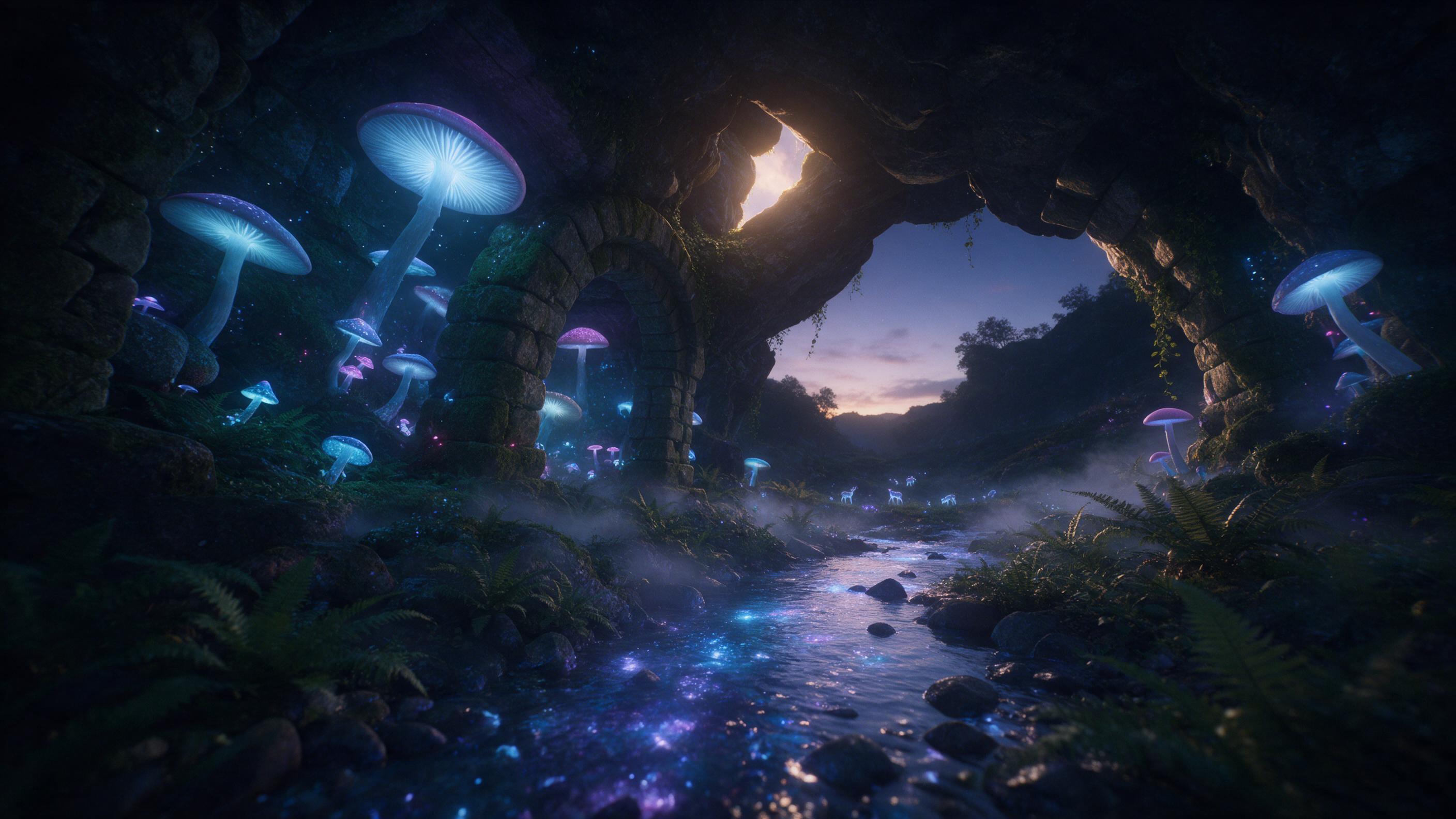 A hidden bioluminescent cave opening to a twilight valley, where giant glowing mushrooms light mossy stone arches. Soft blue and purple light pools on a crystal stream, mist curling between ferns. Silhouettes of tiny, luminous deer graze afar. Low angle shot, golden hour glow through an upper crack.