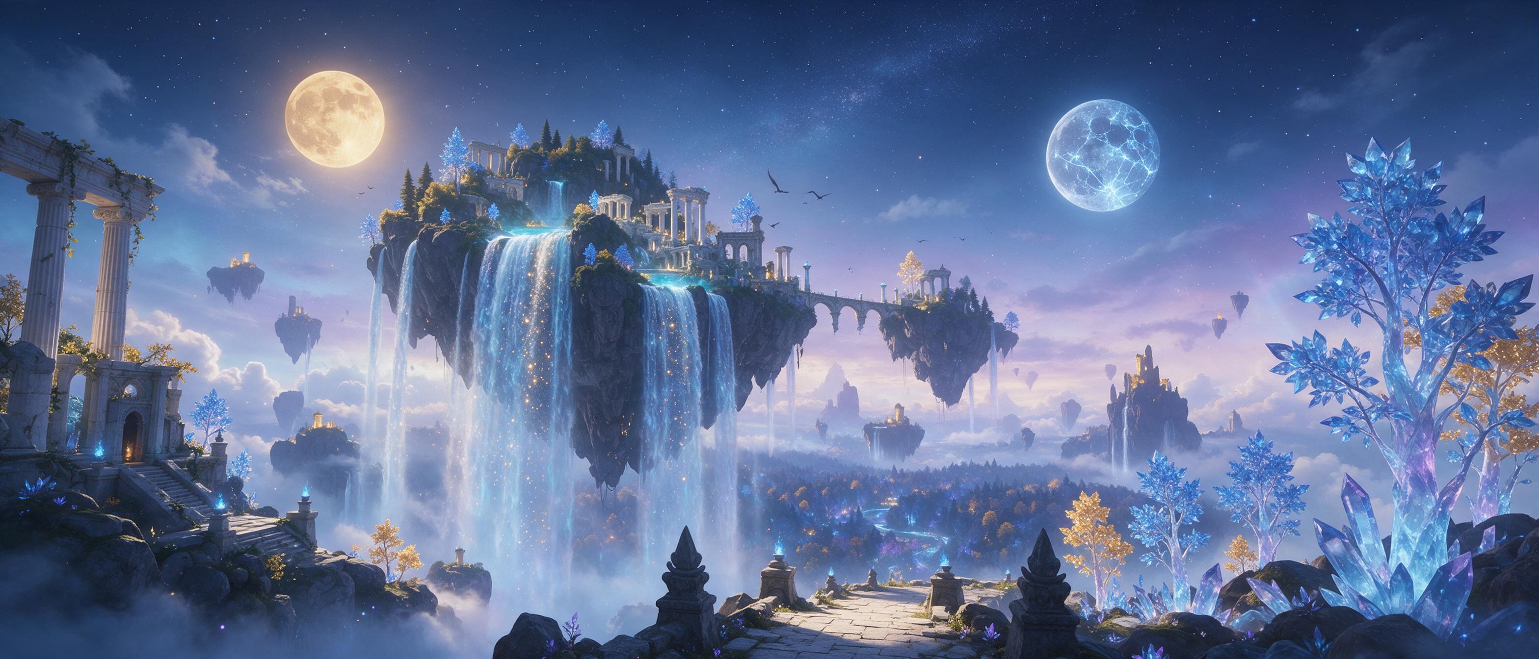 A floating island cascading with glowing waterfalls under a sky of twin moons. Crystal trees emit soft bioluminescence, while ethereal mist swirls around ancient stone ruins. Warm golden light from the moons contrasts with cool blue shadows, creating a dreamy, magical atmosphere. Composition: sweepi