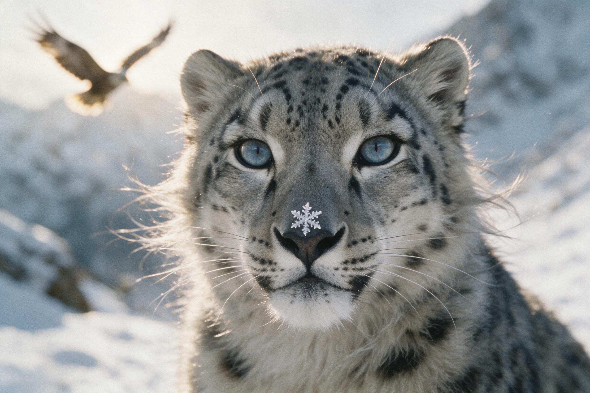 A close-up of a snow leopard's piercing blue-gray eyes, fur blown by wind, a single snowflake resting on its nose, soft diffuse morning light, wings of a bird in the background, a shallow depth of field, subtle grain, 35mm film.