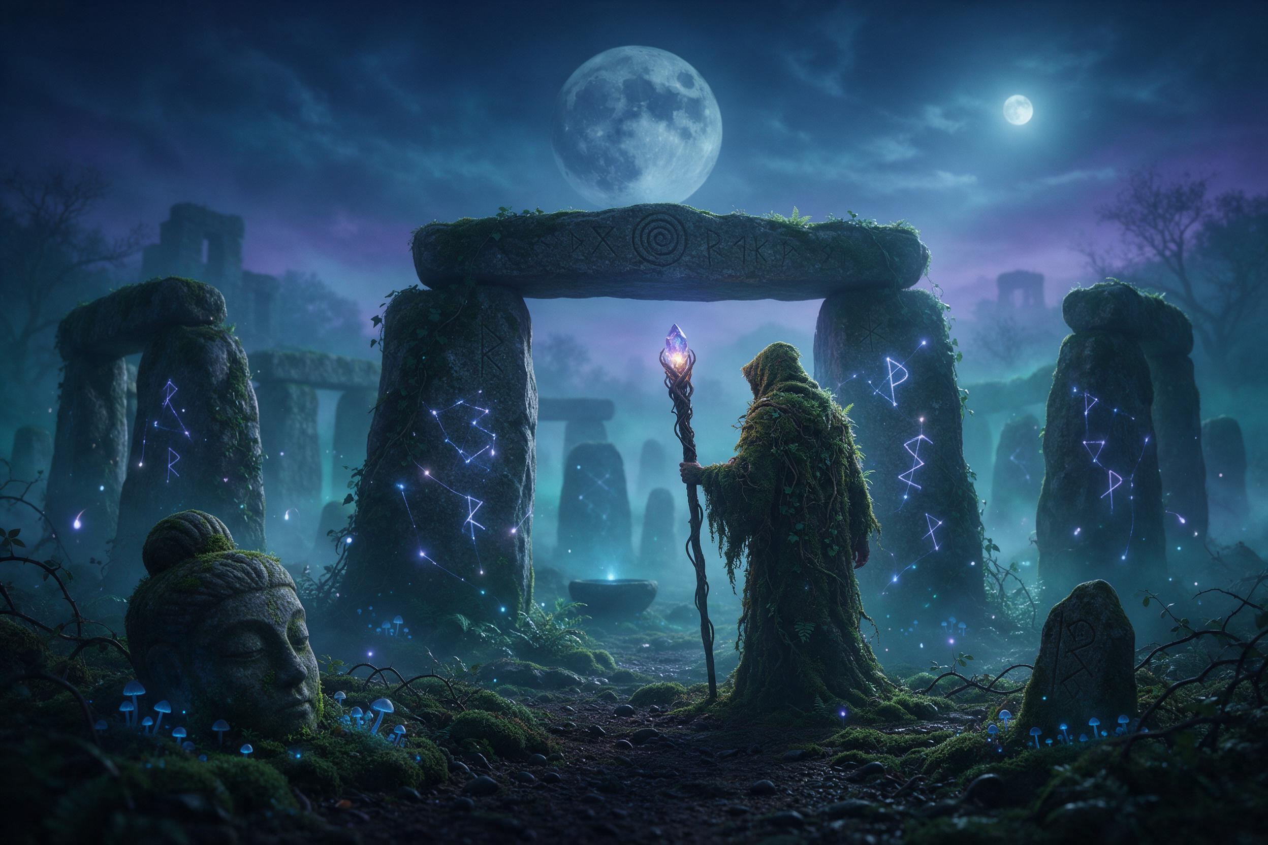Ancient stone circle shrouded in teal mist under twin moons, druid robed in moss stands with a glowing crystalline staff, hovering fireflies trace runes through mossy pillars, cold blue and violet palette, ethereal fog, cinematic composition with sharp foreground and dreamy background
