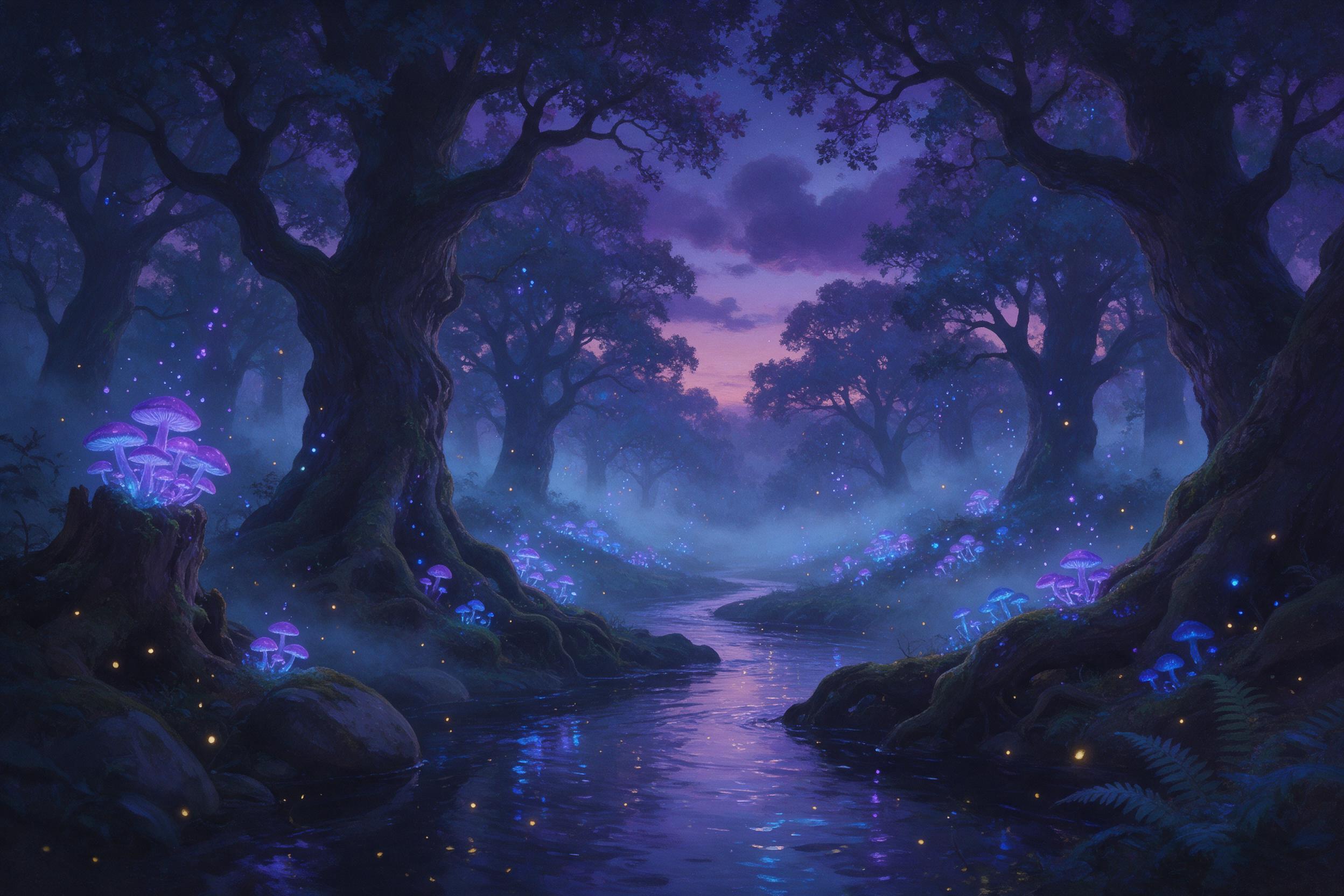 An ancient glowing forest under a twilight sky, bioluminescent mushrooms and floating spores cast soft blue and violet light, a winding stream reflects the shimmering canopy, mist weaves between ancient twisted oaks, gentle fireflies drift in the air, ethereal and serene, painterly style with soft f