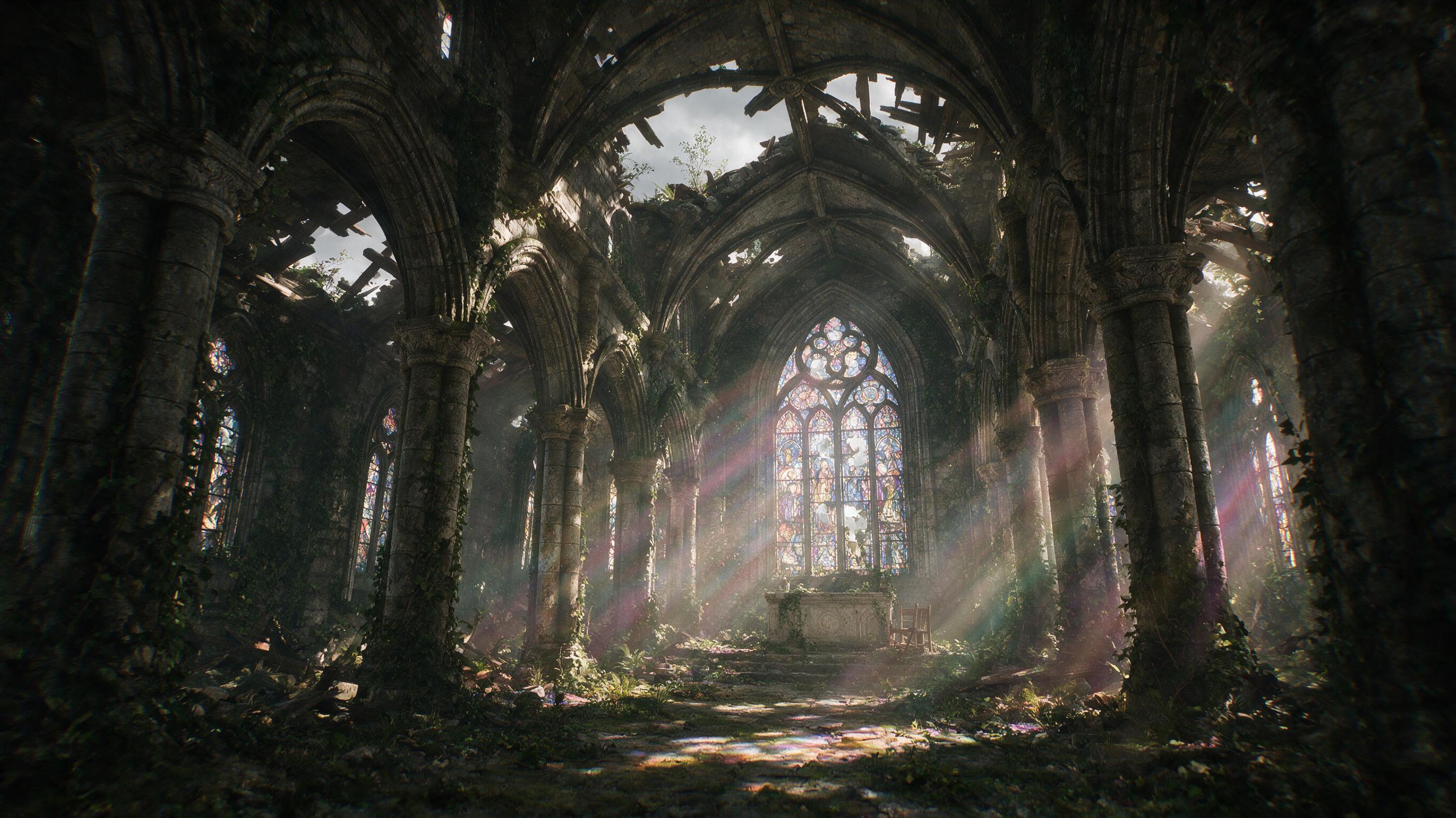A wide-angle shot of an abandoned Gothic cathedral, crumbling stone pillars, shafts of dust-filled afternoon light through stained glass, ivy climbing walls, slight camera shake, natural decay, moody atmosphere.