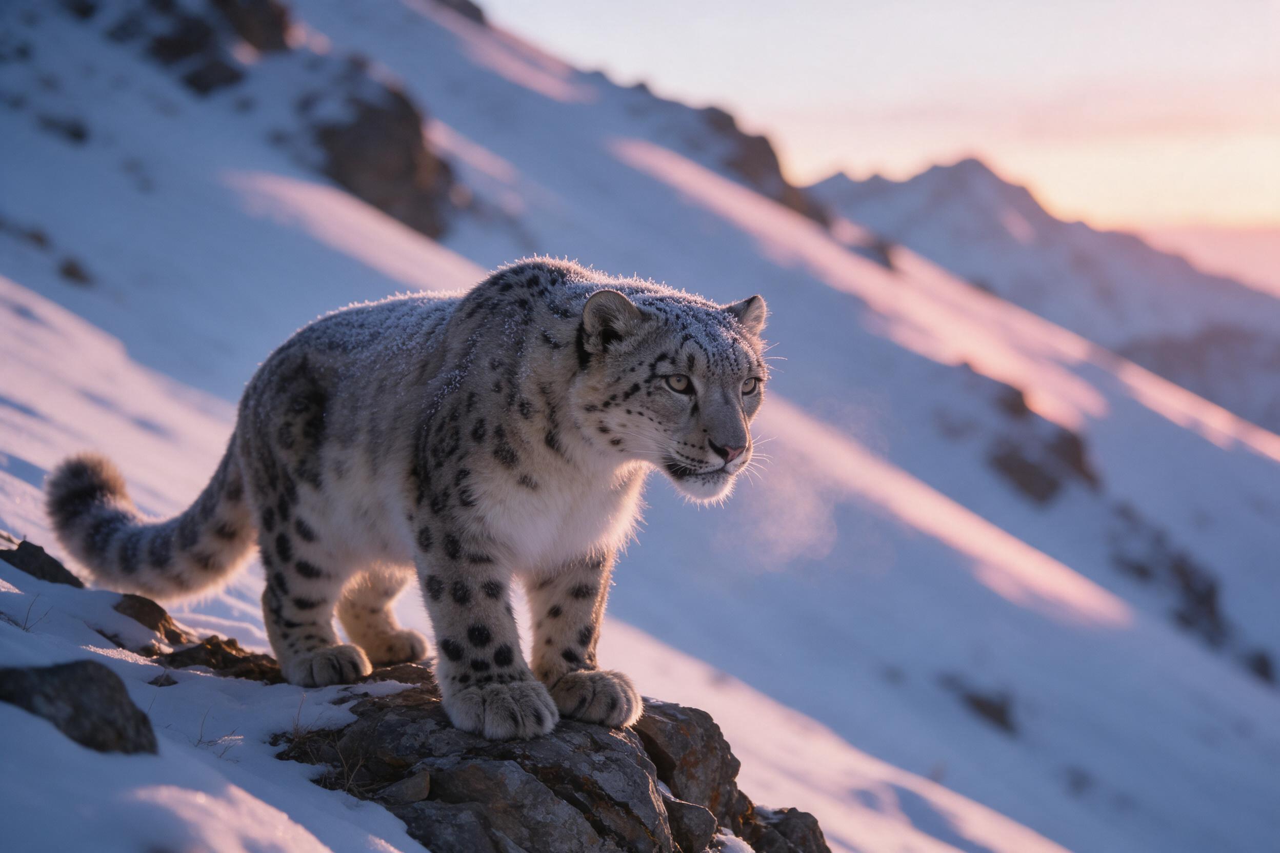 A majestic snow leopard poised on a rocky outcrop at dawn, its fur dusted with frost, breath visible in the cold air. Soft pink and gold light from the rising sun casts long shadows across the snow-covered mountain slope. Telephoto lens compression, shallow depth of field blurring the distant peaks,