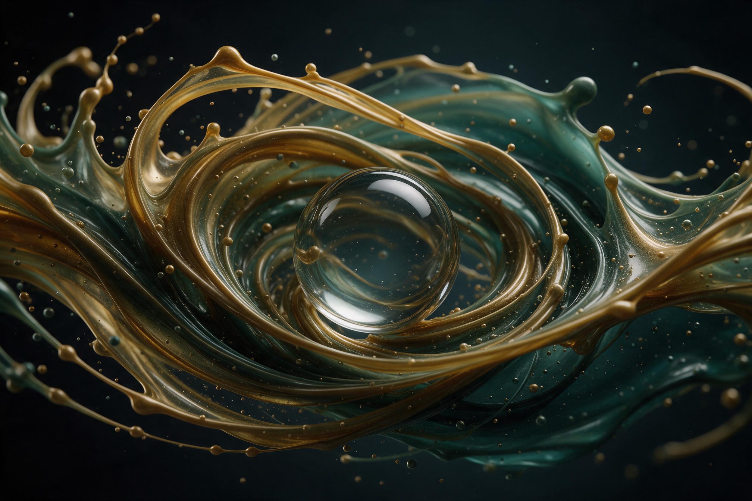Swirling liquid gold and deep teal collide in zero gravity, forming translucent ribbons that twist around a single glass sphere. Soft diffused studio lighting, gentle reflections, minimalist dark background. Slight blur on edges evokes motion, with micro-bubbles suspended in thick fluid.