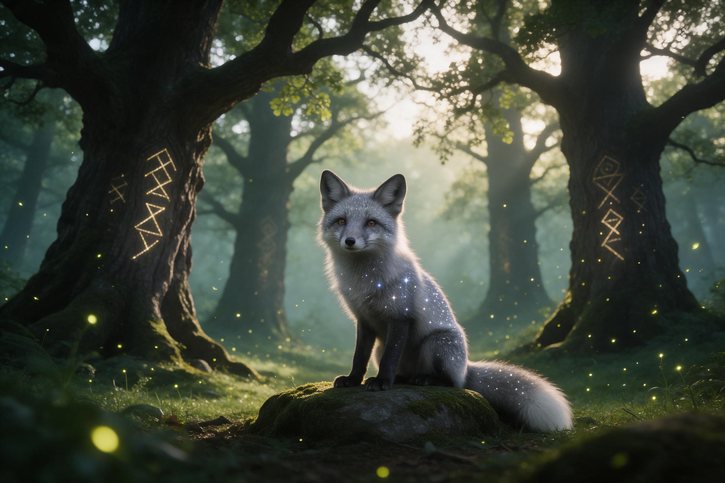 A misty emerald forest at dawn, ancient towering oaks with glowing runes carved into bark, a silver fox with starlit fur sitting on a mossy stone, soft golden light filtering through canopy, tiny fireflies swirling, ethereal atmosphere, shallow depth of field, muted color palette.