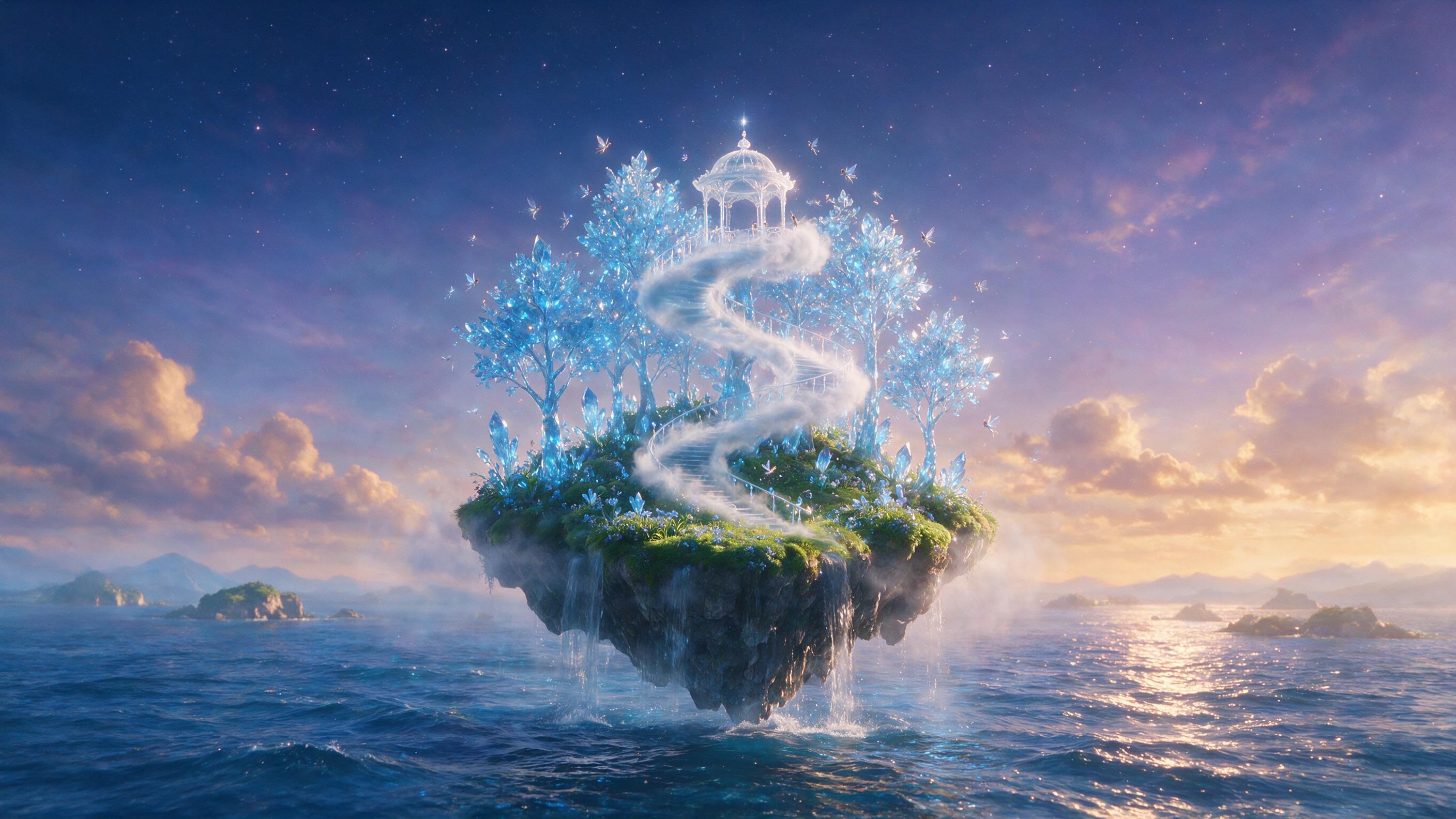 A luminous floating island drifting above a twilight sea, glowing crystal trees casting soft blue light, tiny winged figures dancing around a spiral staircase of mist, gentle wind ripples the water below, cinematic composition, soft ethereal glow, atmospheric haze