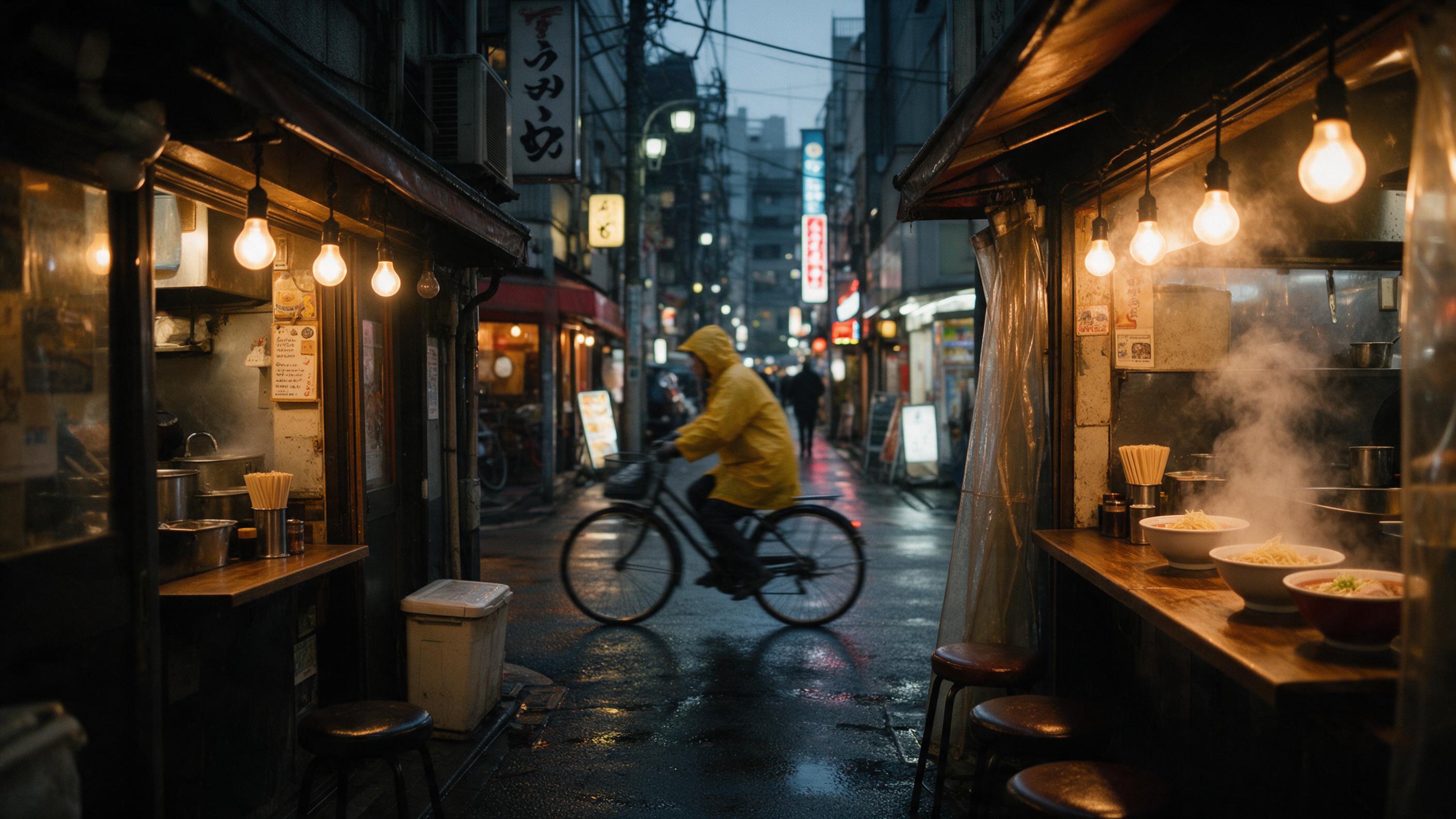 A narrow Tokyo alley at dusk, warm pendant lights glowing from small ramen shops, steam rising from noodle bowls, wet asphalt reflecting neon signs, a lone cyclist in a yellow raincoat passing by, shallow depth of field, slight motion blur on the bicycle, natural tungsten lighting