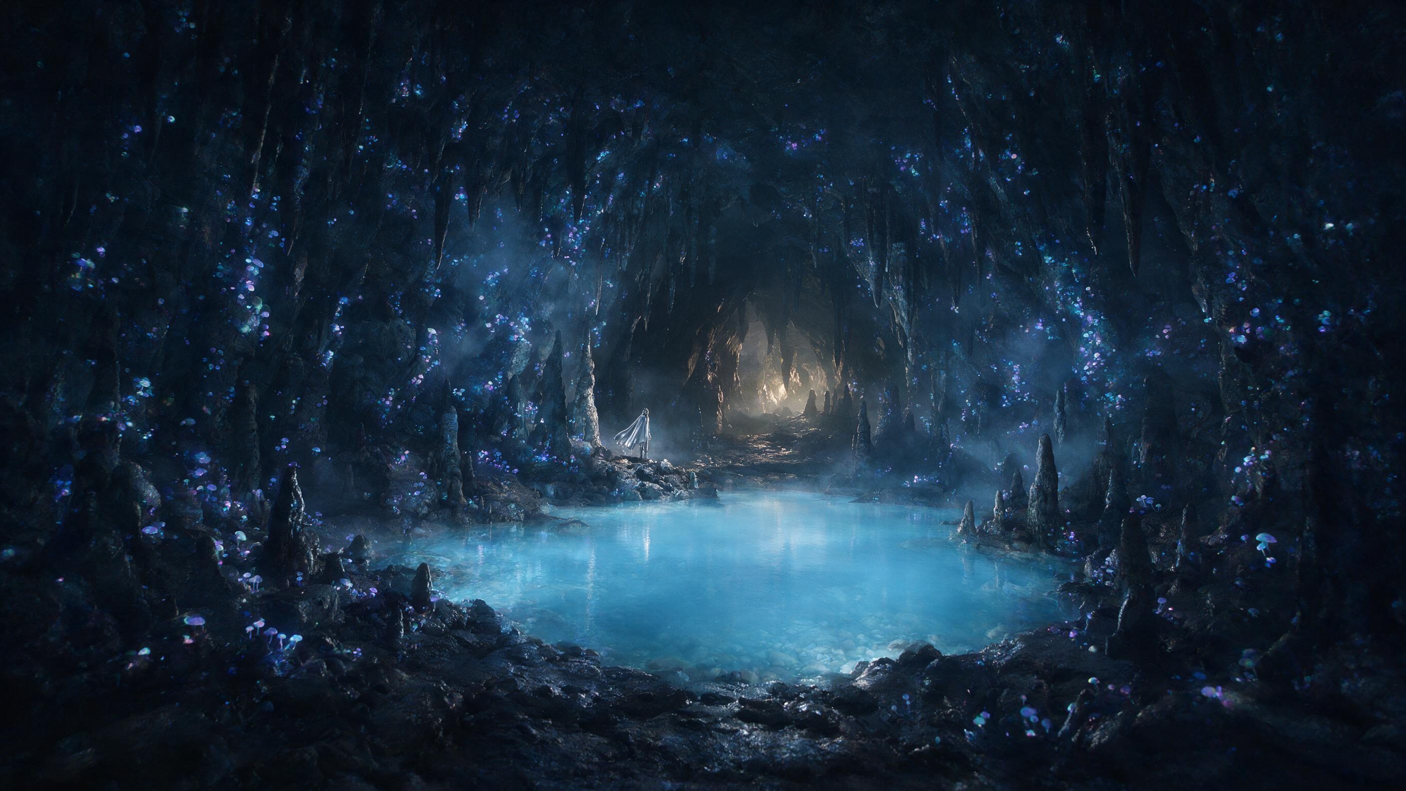 A luminous crystal cave deep underground, glowing bioluminescent fungi clusters on jagged walls, a shallow azure pool reflecting soft blue and violet light, thin mist weaving through stalactites, a lone figure in a flowing silver cloak standing at the cave entrance, a faint golden glow emanating fro