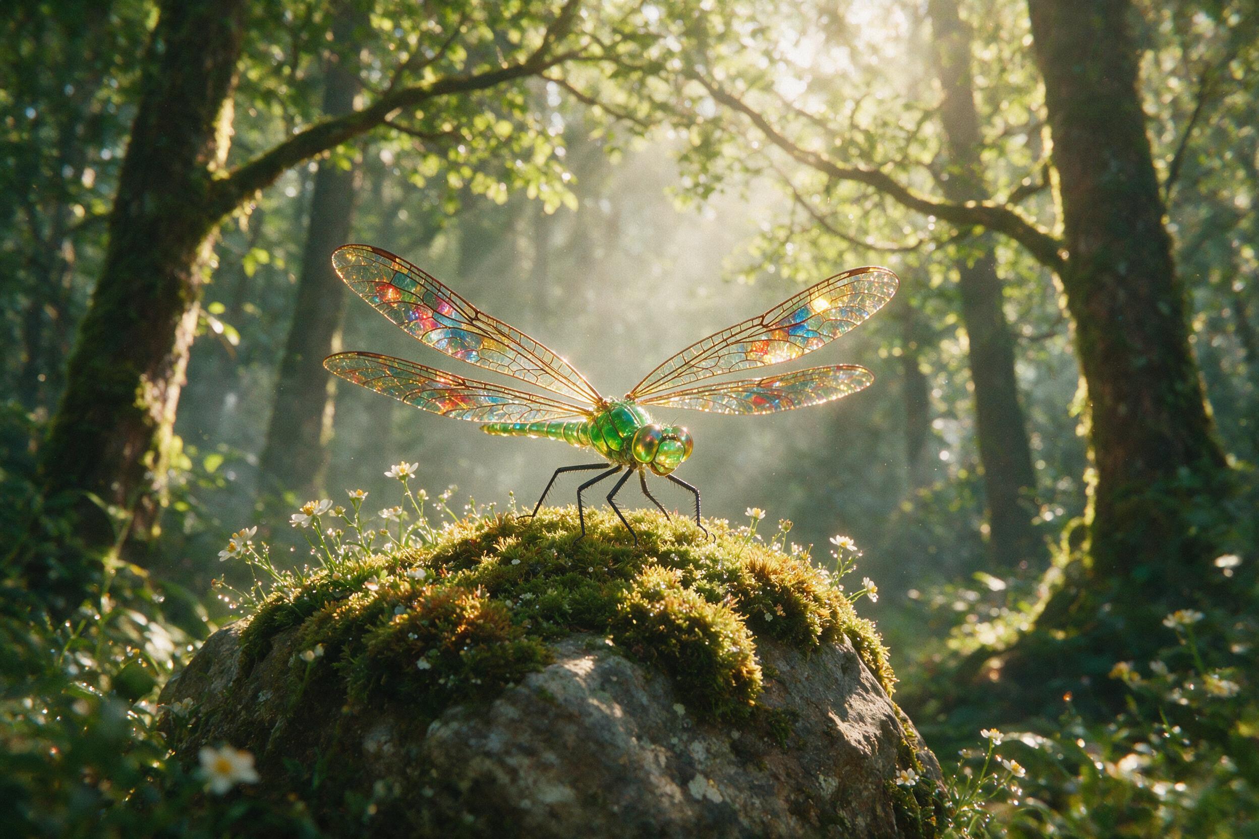 A glowing, translucent dragonfly with wings like stained glass rests on a mossy stone in a misty forest. Soft, golden sunlight filters through the canopy, casting dappled light. The scene is tranquil, with a shallow depth of field, slight blur in the background, and a subtle grain for a dreamlike, p