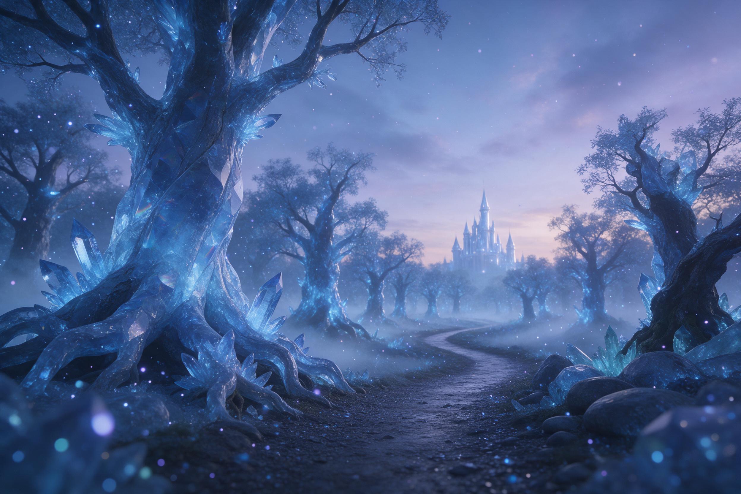 A bioluminescent crystal forest at twilight, where ancient trees are encased in glowing azure crystal, shimmering particles float like dust, a narrow winding path leads to a distant silver castle, soft blue and violet ambient light, gentle mist hugging the ground, dreamy ethereal atmosphere, subtle 
