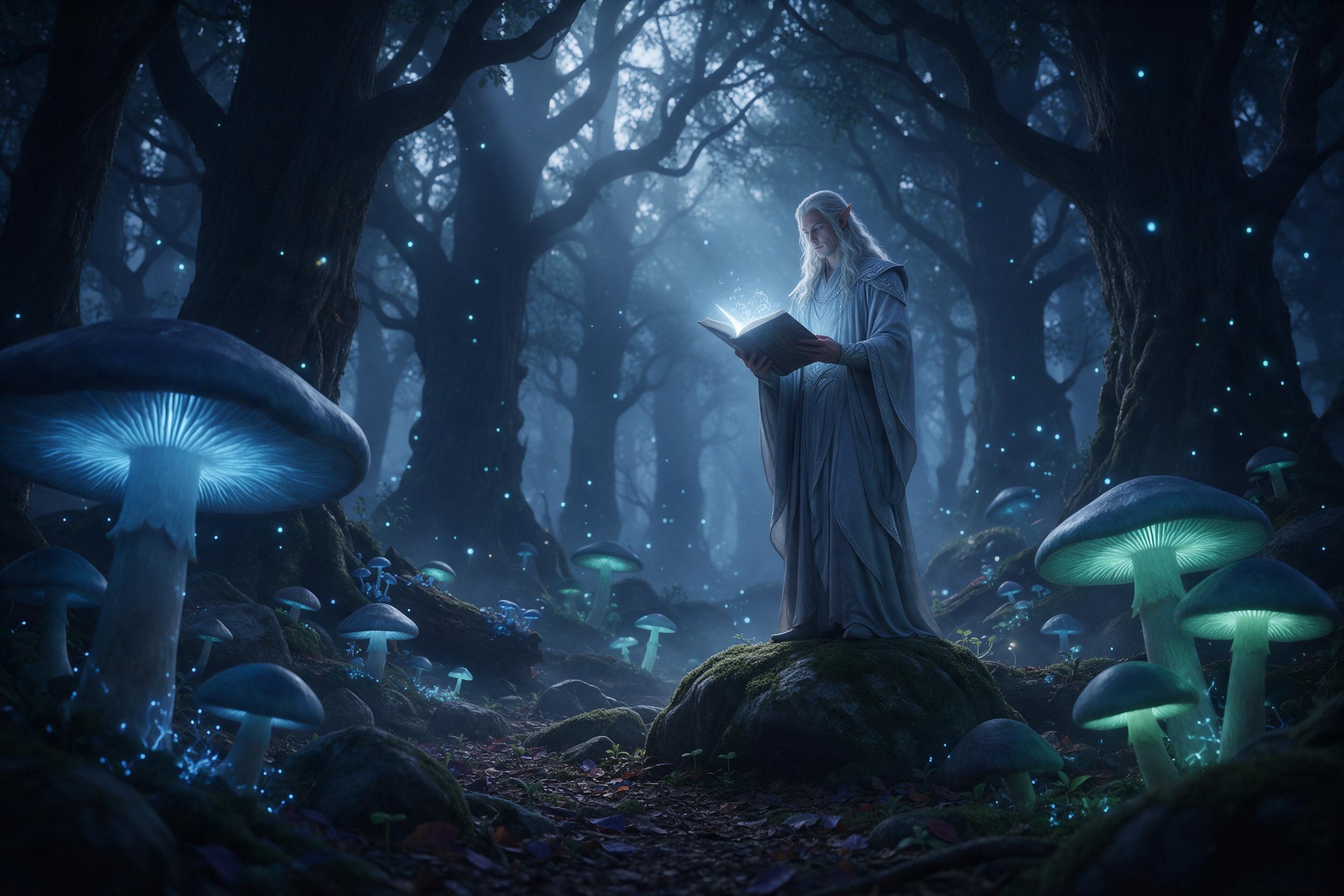 Misty ancient forest clearing at twilight, giant bioluminescent mushrooms glowing blue and green, a silver-haired elf in flowing robes reading a glowing book, fireflies dancing in the air, soft volumetric light rays piercing through gnarled branches, mossy stones, ethereal atmosphere, subtle mist, r