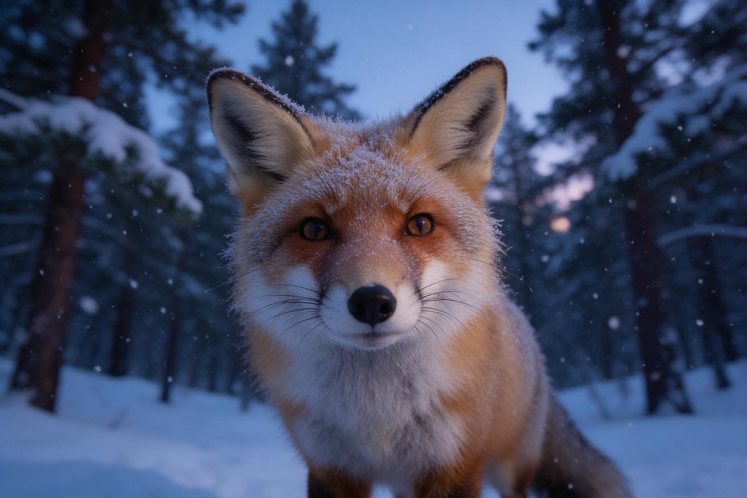 Close-up of a red fox in a snowy pine forest at dusk, soft blue ambient light, fur textured with frost, gentle snowflakes falling, shallow depth of field, natural grain, camera slightly low angle.
