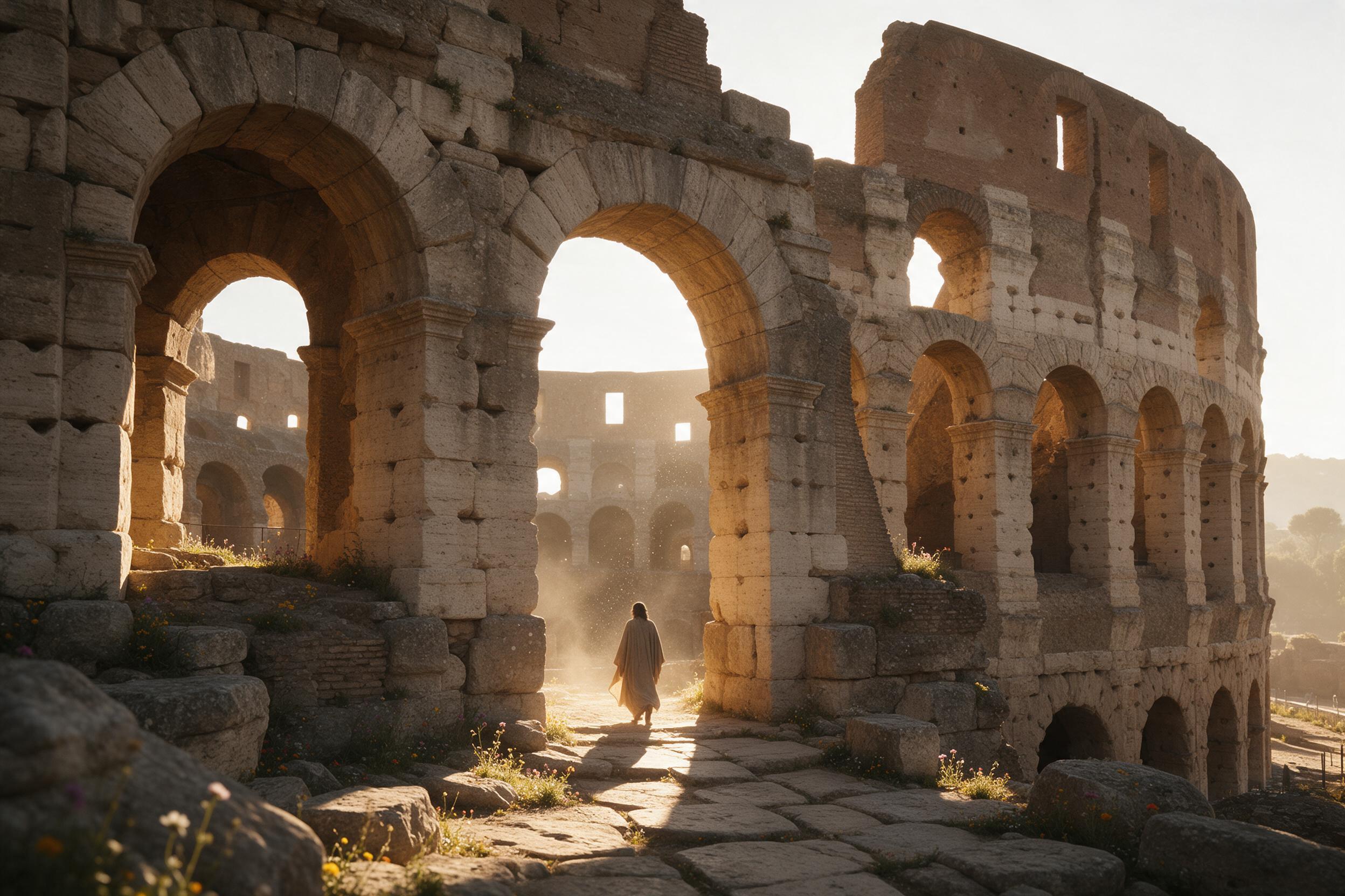 Ancient Roman stone colosseum ruins at golden hour, warm sunlight casting long shadows across broken arches, scattered wildflowers growing between weathered cracks, a lone figure in flowing robe walking through the main entrance, dust particles floating in the light beam, soft haze in background, wi