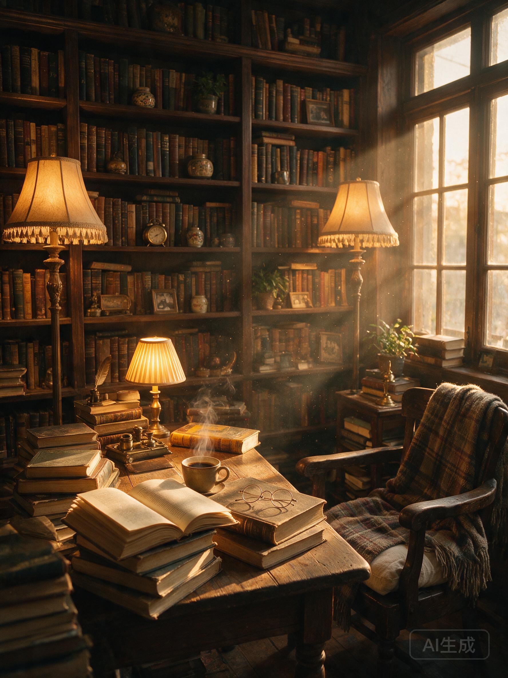 A cozy corner in a vintage bookstore, warm golden light from a table lamp casting soft shadows on stacked books, a steaming cup of coffee on a wooden desk, dust particles dancing in the light beam, slight film grain, natural composition with bookshelf in background, cozy and intimate atmosphere