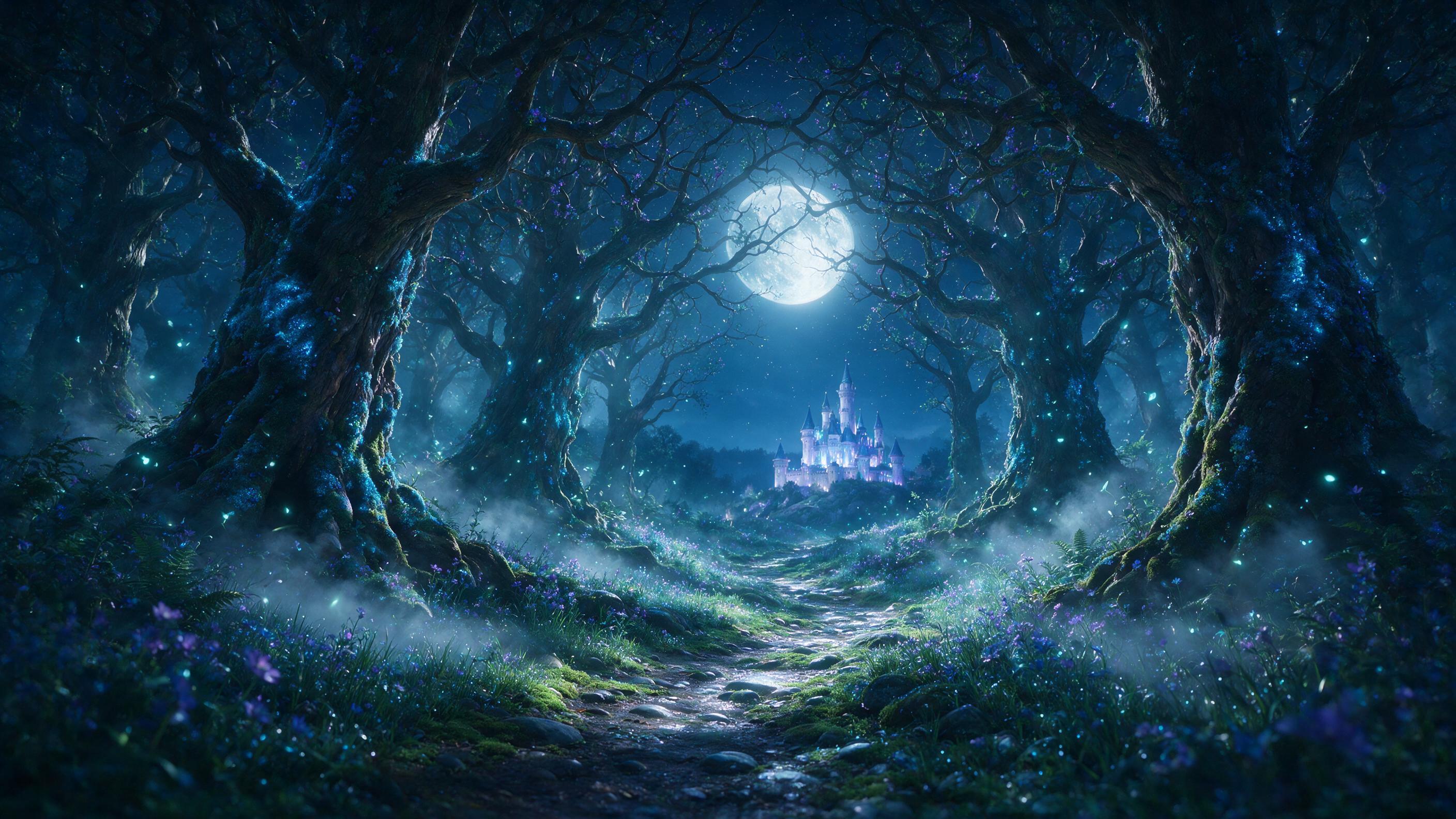 A moonlit enchanted forest, ancient gnarled trees with glowing blue luminescent moss, a winding path of soft silver light leading to a distant shimmering castle, fireflies drifting in the air, mist weaving between roots, cool teal and violet palette, gentle volumetric light from the moon, shallow de