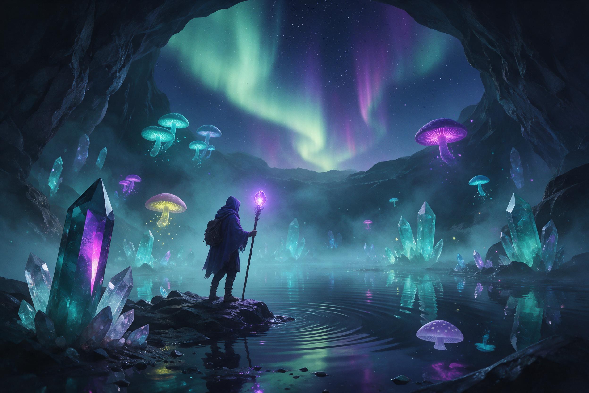A luminous crystal cave beneath an aurora-lit sky, floating bioluminescent mushrooms, a cloaked wanderer with a glowing staff standing on a reflective pool, soft ethereal mist, vibrant teal and violet light, cinematic composition with leading lines, painterly details in foreground, atmospheric depth