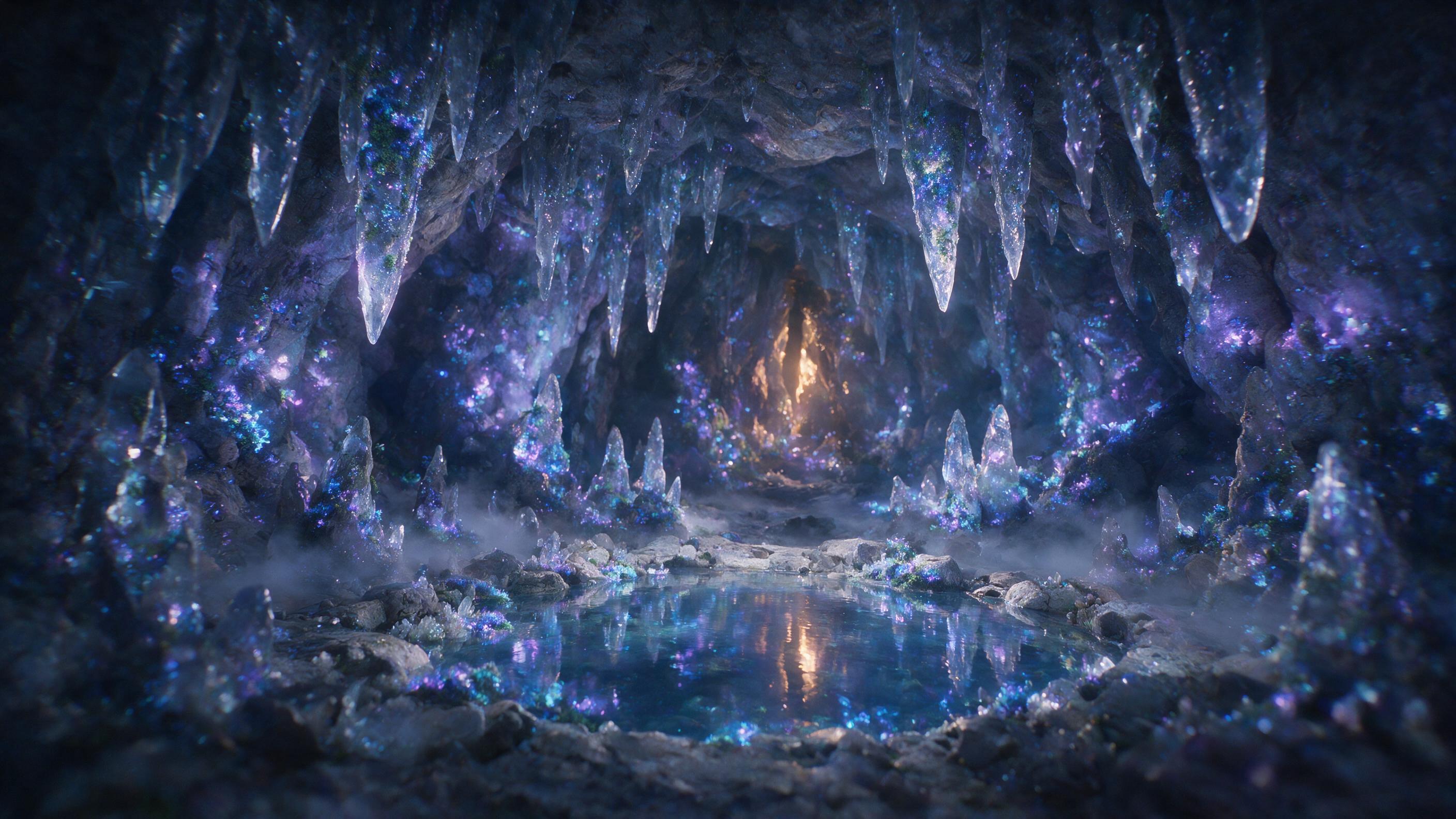 A luminous crystal cave deep underground, glowing moss and bioluminescent fungi casting soft purple and blue light on stalactites, a small pool of clear water reflecting the eerie glow, mist swirling at ground level, slight camera shake adds a dreamy blur, warm amber light from a distant fissure, na