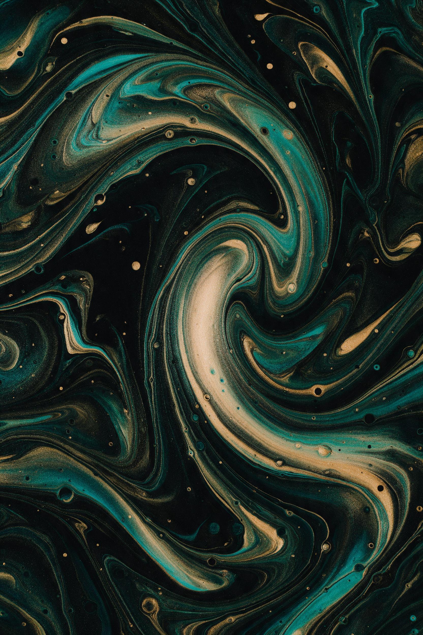Fluid art, swirls of iridescent teal and molten gold on black canvas, chaotic yet balanced, macro shot with deep shadows and a soft highlight on the central curve, slight grain, no focal point of identifiable objects