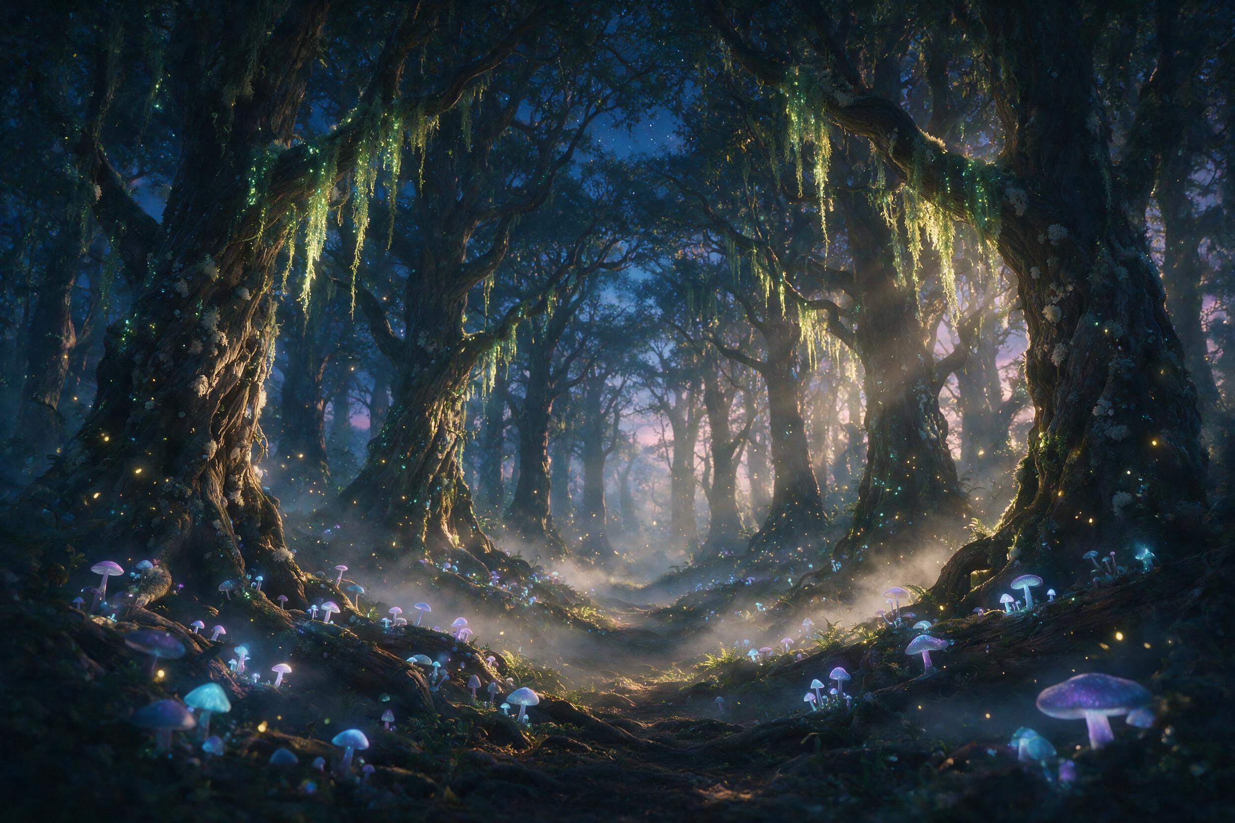 A mystical forest at twilight, bioluminescent mushrooms glow in soft blue and purple hues, ancient twisted trees draped in glowing moss, a gentle mist swirls around the roots, fireflies float like tiny stars, soft golden light filtering through the canopy, ethereal atmosphere, cinematic depth of fie
