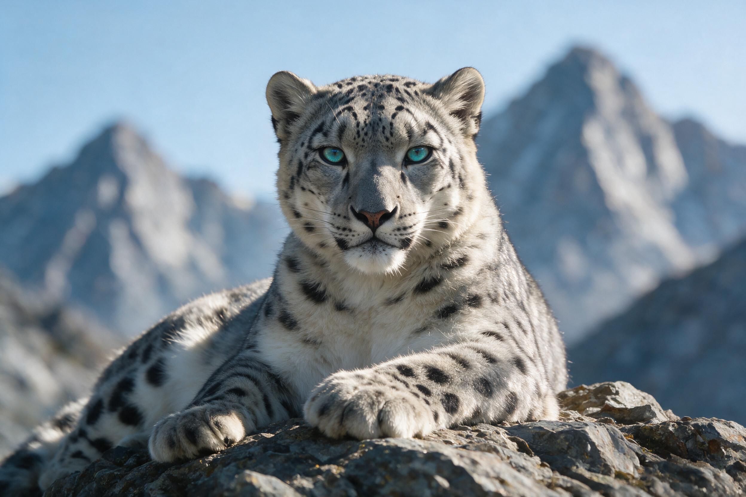 A close-up portrait of a snow leopard lounging on a rocky outcrop under a pale blue sky, with soft defocused alpine peaks in the background. Cascading morning light casts gentle shadows on the cat's silver fur, emphasizing its piercing blue-green eyes. The scene is captured with a slight telephoto l