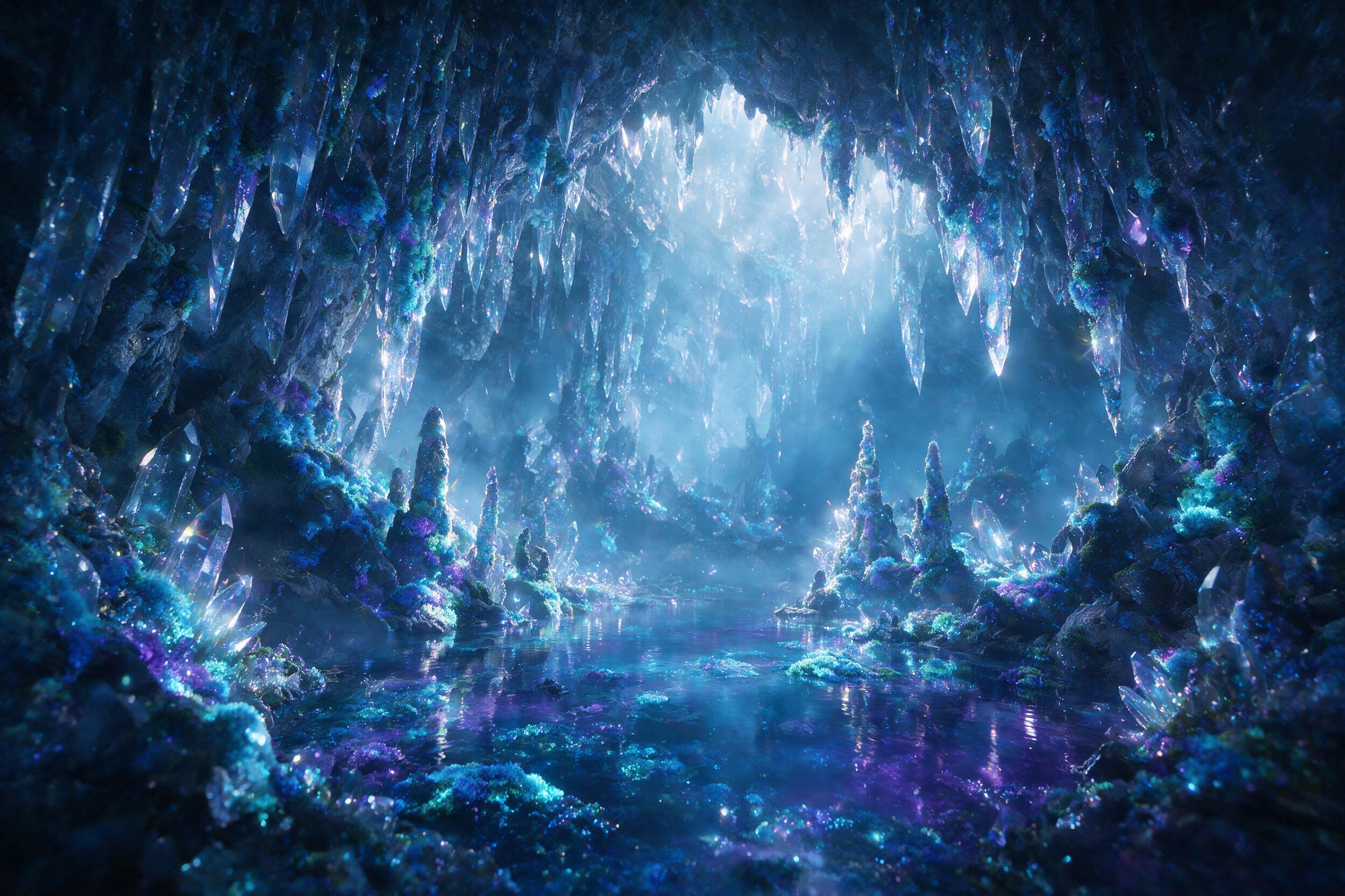A luminous crystal cave deep underground, bioluminescent moss covering jagged stalactites, glowing blue and purple pools of water, ethereal light rays piercing through mist, soft reflections on smooth crystalline surfaces, magical atmosphere, slight lens flare