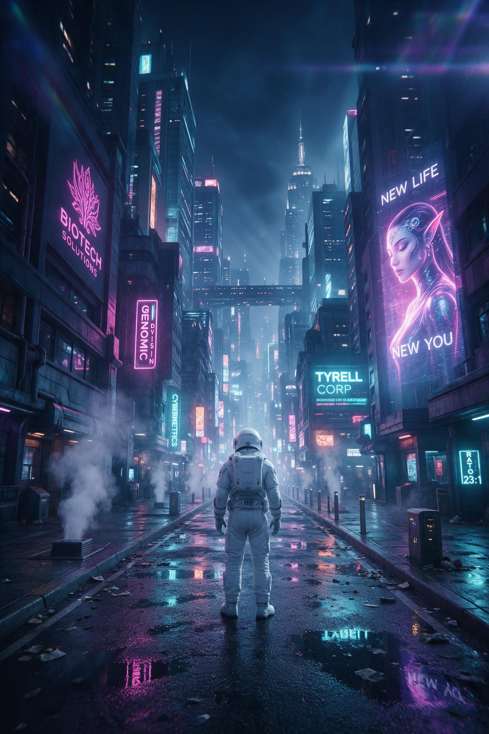 A lone astronaut in a white suit stands on a rain-slicked neon-lit street, glowing cyan and magenta signs reflecting in puddles, holographic advertisements flickering, steam rising from vents, dramatic perspective with the figure small against towering cyberpunk skyscrapers, haze and slight lens fla